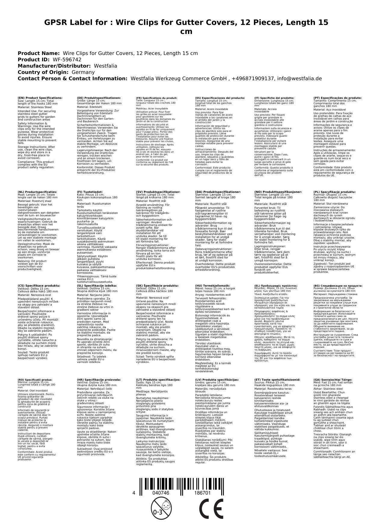 Drahtclips für Dachrinnen Abdeckung, 12 Stück, Länge 15 cm