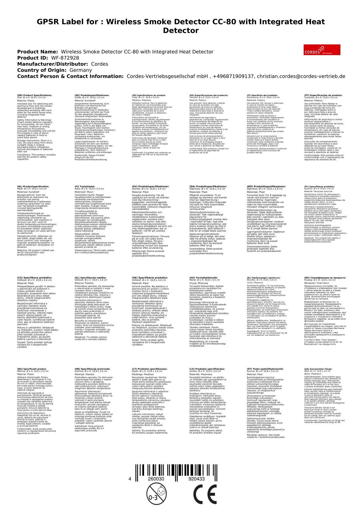 Funk-Rauchwarnmelder CC-80 mit integriertem Hitzemelder