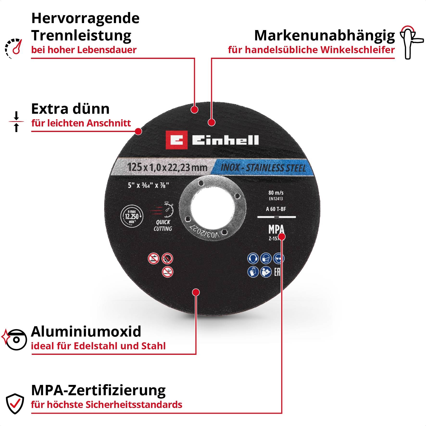 EINHELL Trennscheiben, 711442, 125x1,0 mm, 10 Stück
