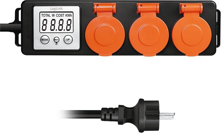 LOGILINK Außensteckdose EM0008, mit Energiekostenmesser, 2,0"-LCD, Schutzklappe, 3-Fach