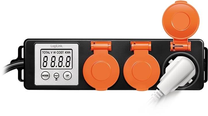 LOGILINK Außensteckdose EM0008, mit Energiekostenmesser, 2,0"-LCD, Schutzklappe, 3-Fach