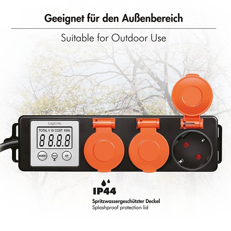LOGILINK Außensteckdose EM0008, mit Energiekostenmesser, 2,0"-LCD, Schutzklappe, 3-Fach