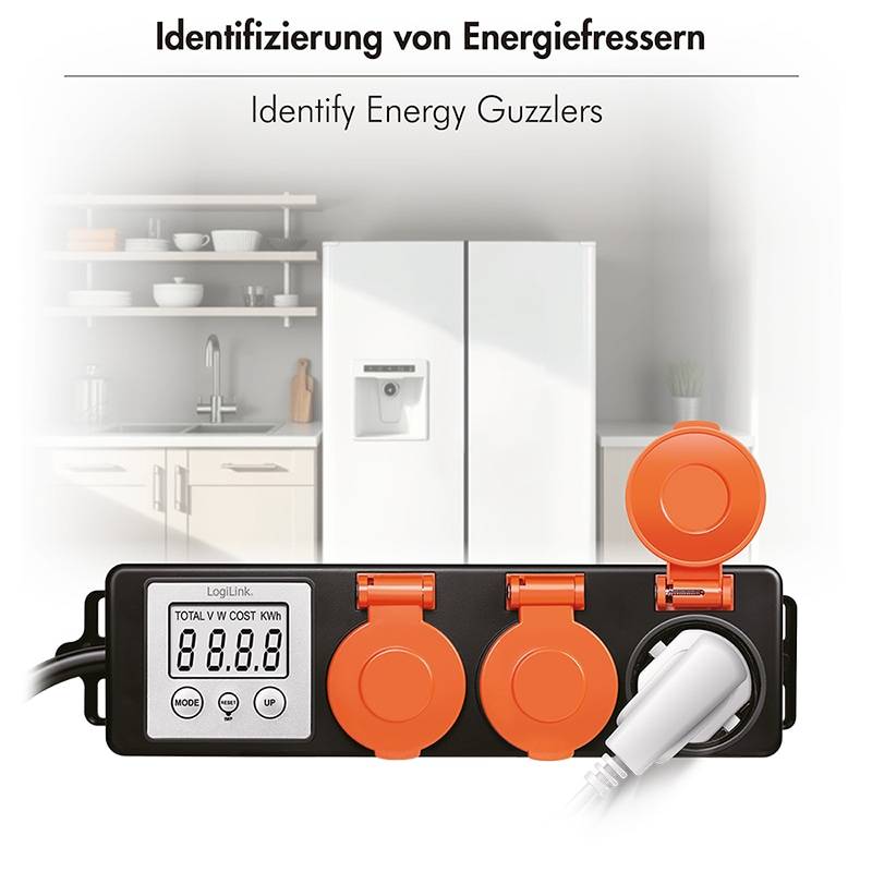 LOGILINK Außensteckdose EM0008, mit Energiekostenmesser, 2,0"-LCD, Schutzklappe, 3-Fach