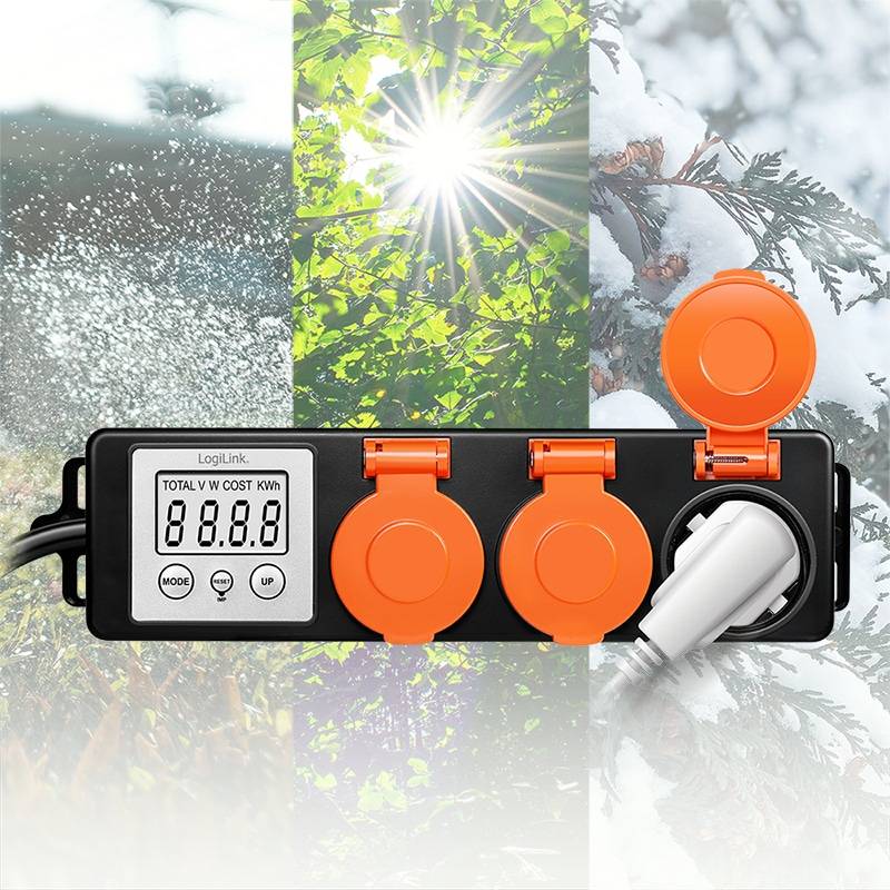 LOGILINK Außensteckdose EM0008, mit Energiekostenmesser, 2,0"-LCD, Schutzklappe, 3-Fach