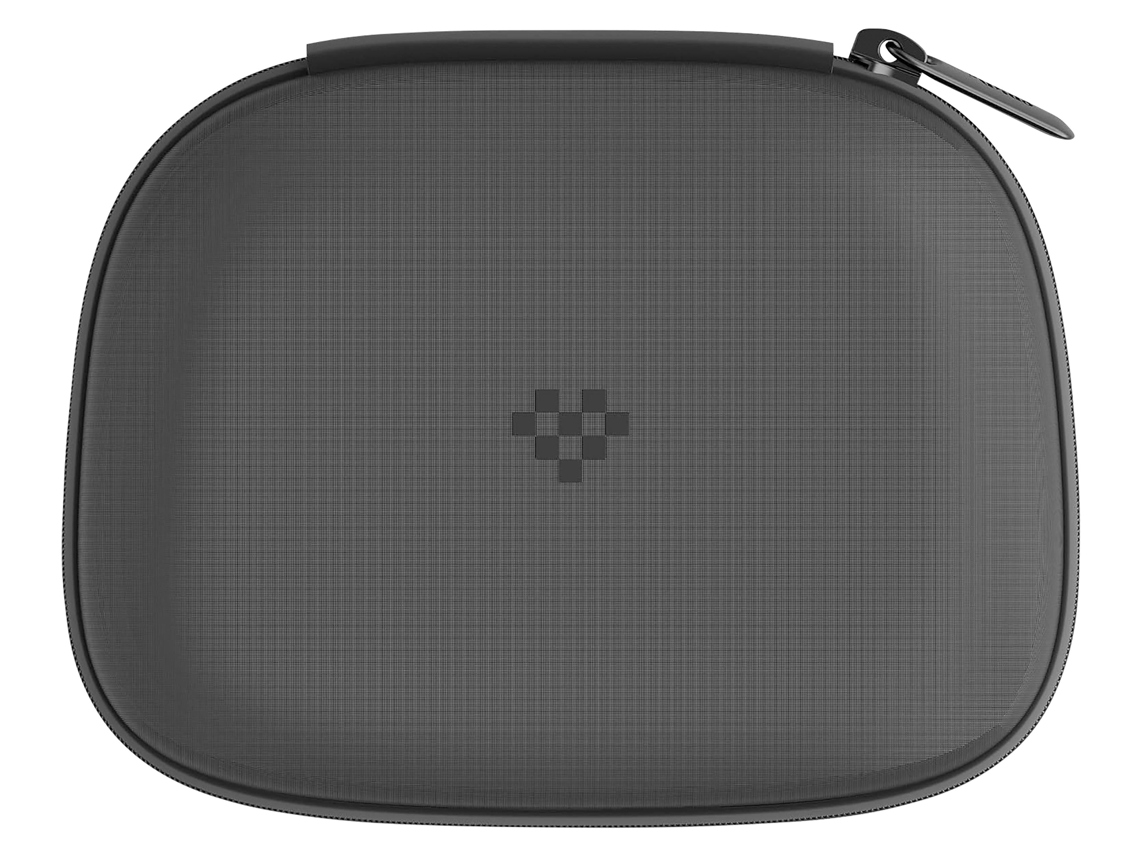 Eine schlanke, schwarze Schutzhülle mit einem Gittermuster und einem kleinen, zentralen pixelierten Design, von oben betrachtet.