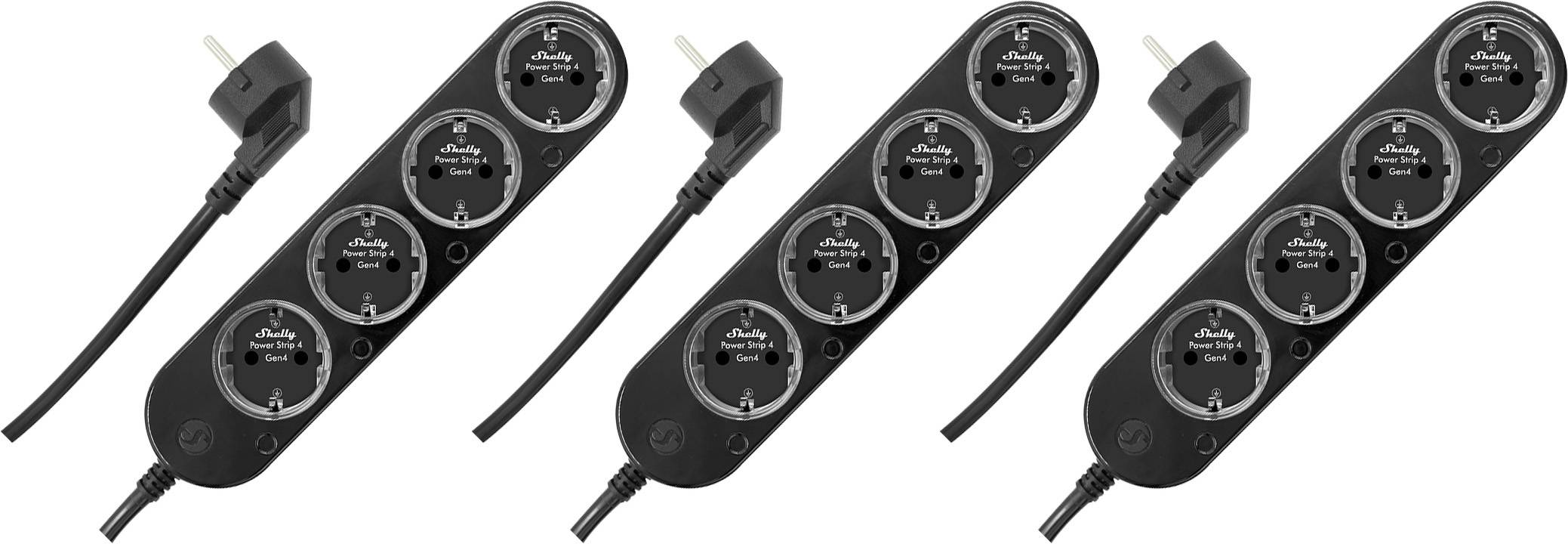 Ein schwarzes Steckerleistenset mit vier Steckdosen, beschriftet mit „Shelly Power Strip 4 Gen4