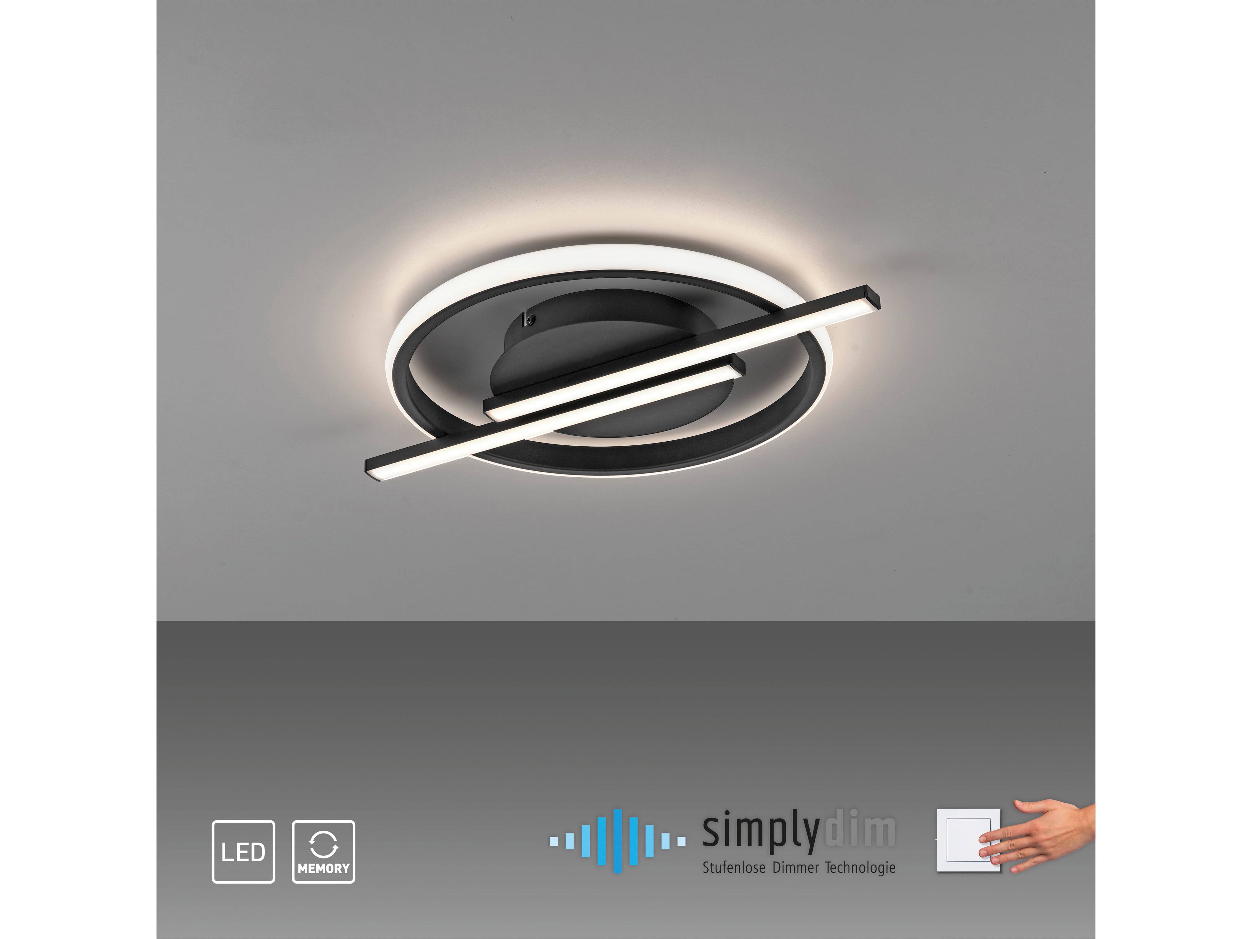 Deckenleuchte mit modernem kreisförmigem Design und LED-Licht, ausgestattet mit 'simply dim'-Technologie für einstellbare Helligkeit.
