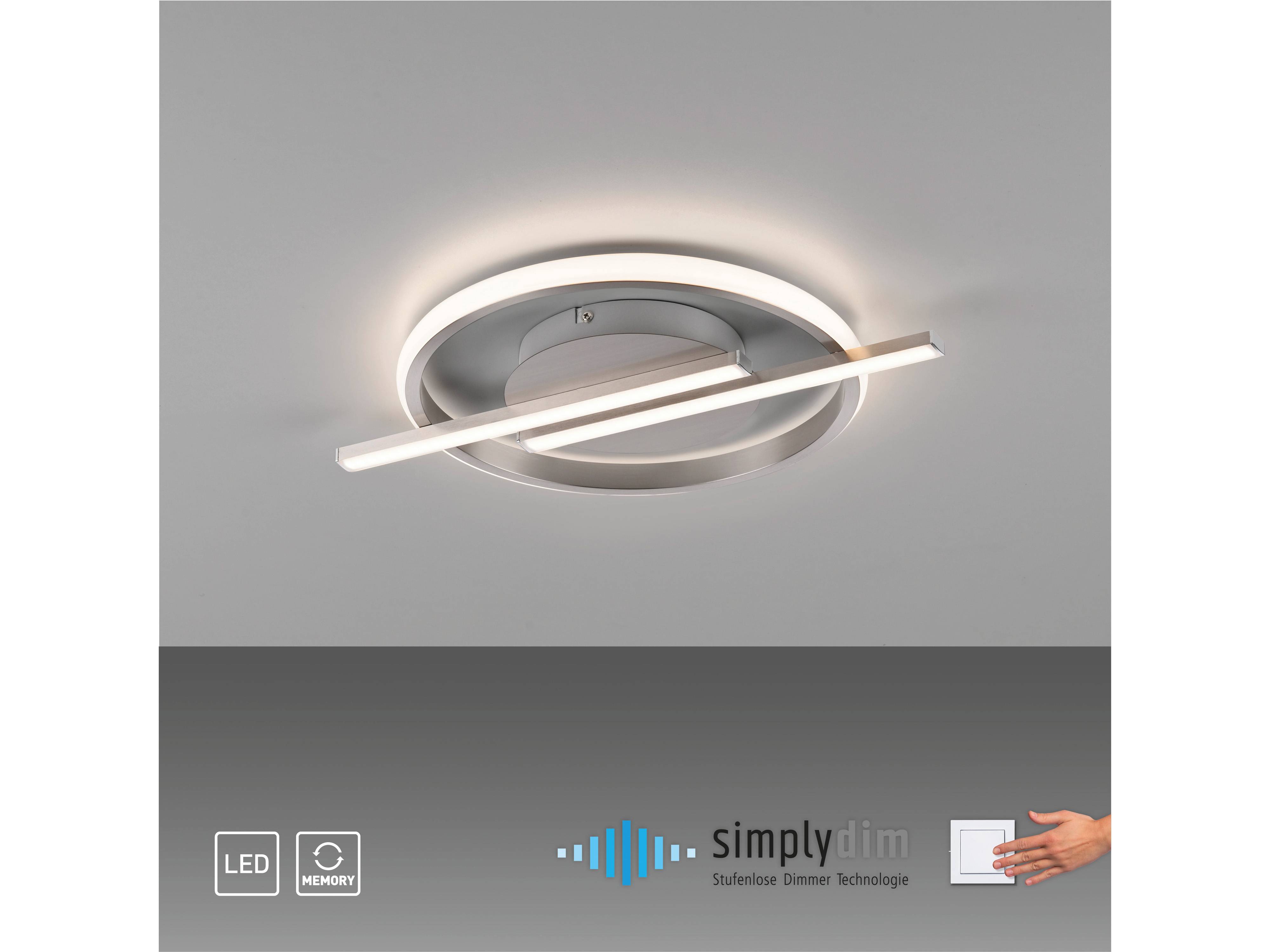 Deckenleuchte mit kreisförmiger LED-Leiste und Dimmer-Technologie. Ausgestattet mit 'Simply Dim' für stufenweise einstellbare Beleuchtung.