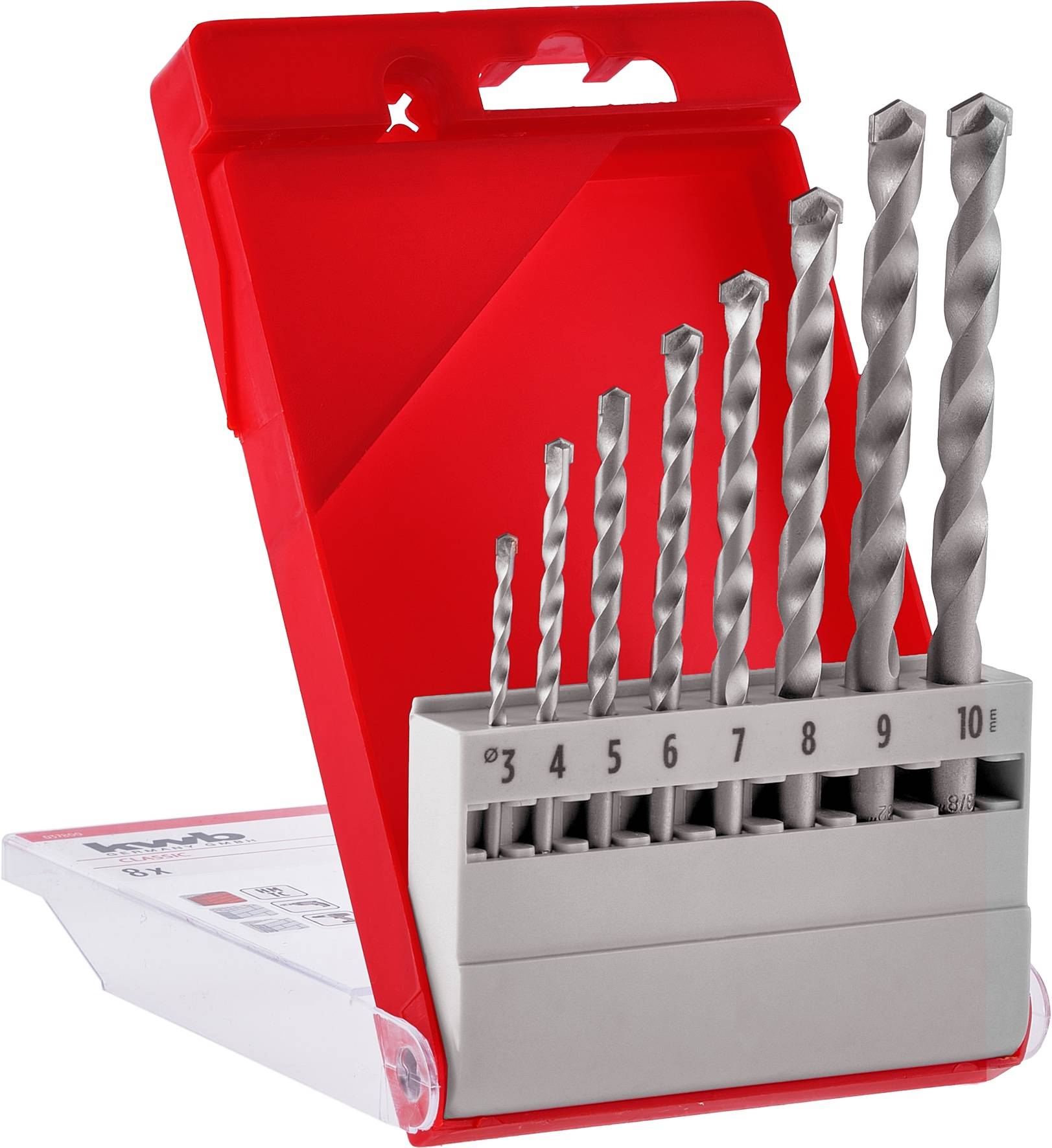 Ein Satz von neun silbernen Bohrern in verschiedenen Größen, die in einer rot-weißen Kunststoffbox ausgelegt sind, mit Größen von 3 bis 10.