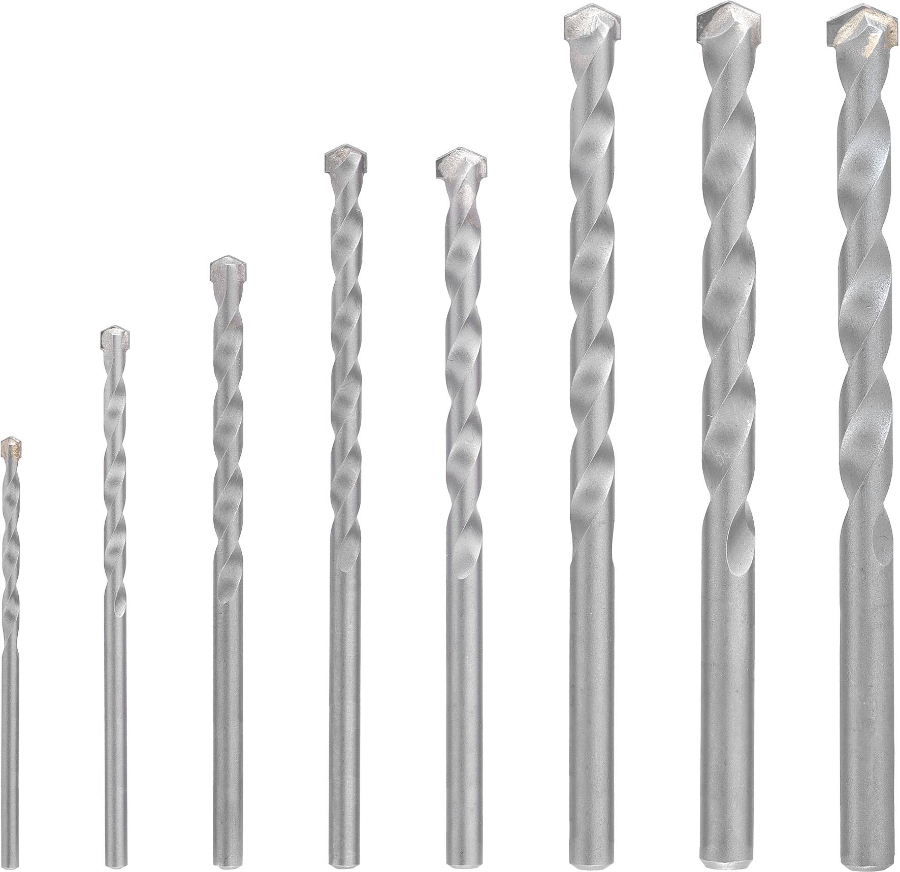 Ein Satz von neun silbernen Bohrern in verschiedenen Größen, von links nach rechts in aufsteigender Reihenfolge angeordnet.
