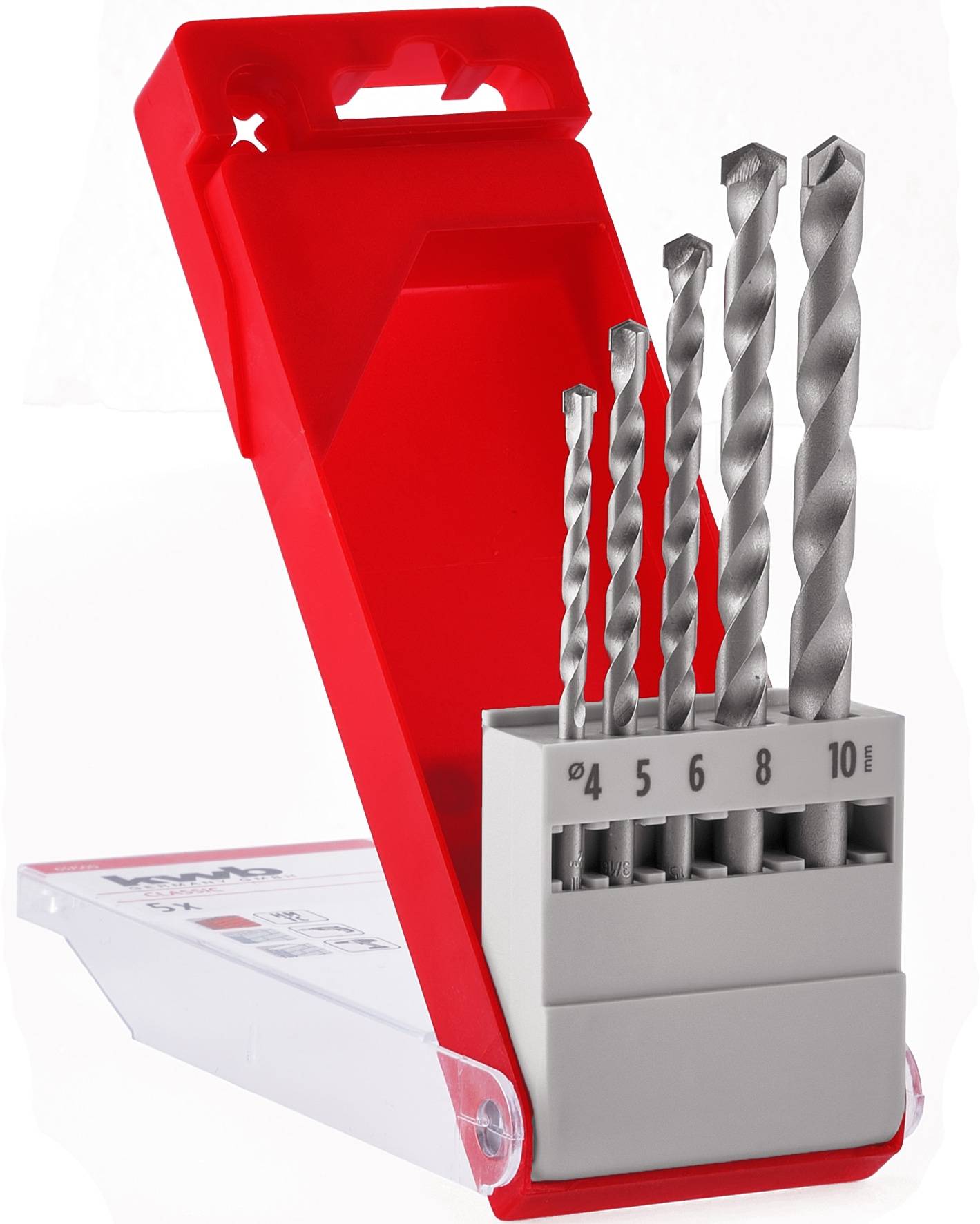 Ein Satz von sieben Silberbohrern in unterschiedlichen Größen, in einem rot-grauen Halter aufbewahrt und mit den Nummern 3 bis 10 beschriftet.