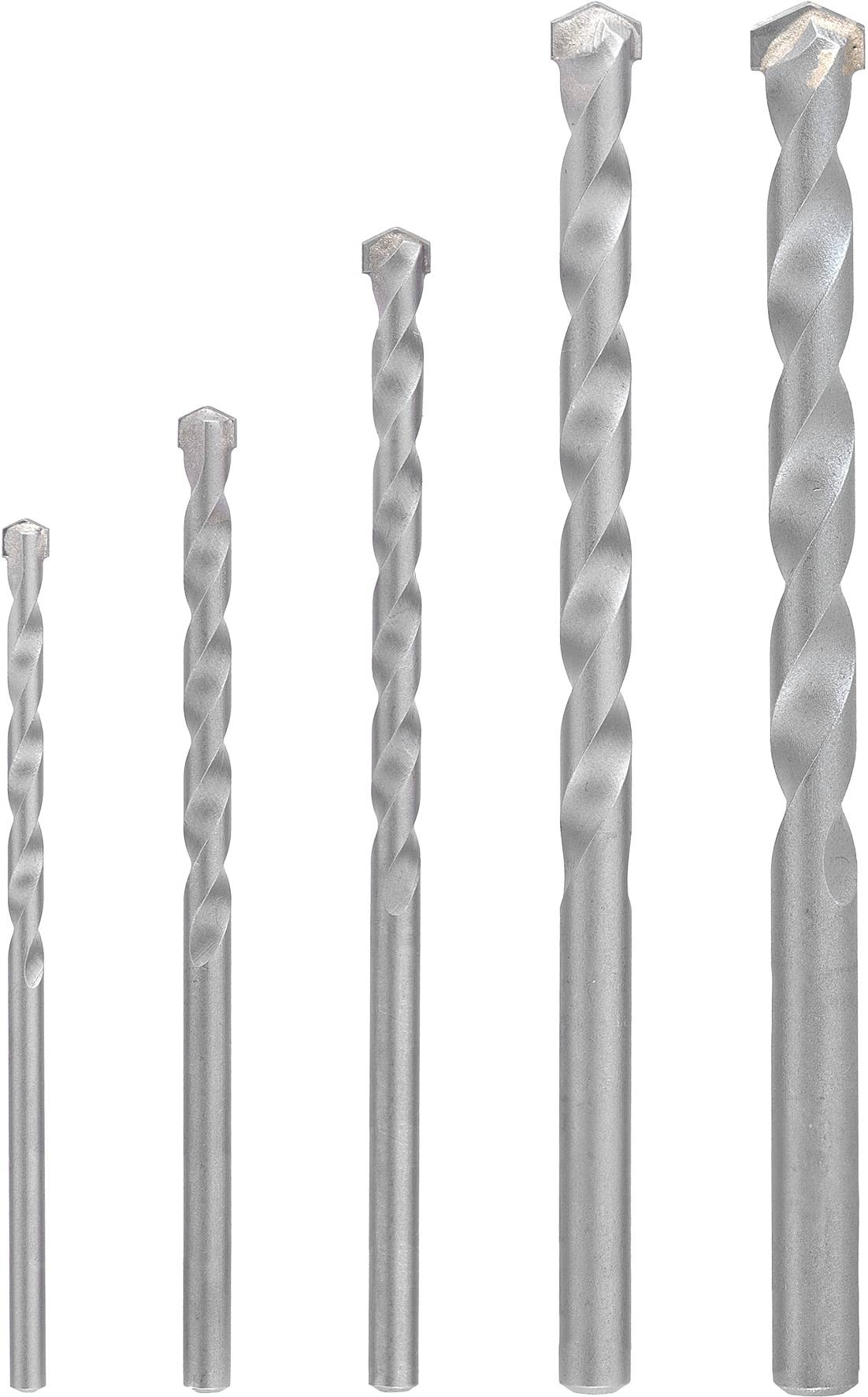 Ein Satz von sechs silberfarben Bohrern in unterschiedlichen Größen, die von kleinsten bis größten in einer Reihe aufrecht stehend vor einem weißen Hintergrund angeordnet sind.