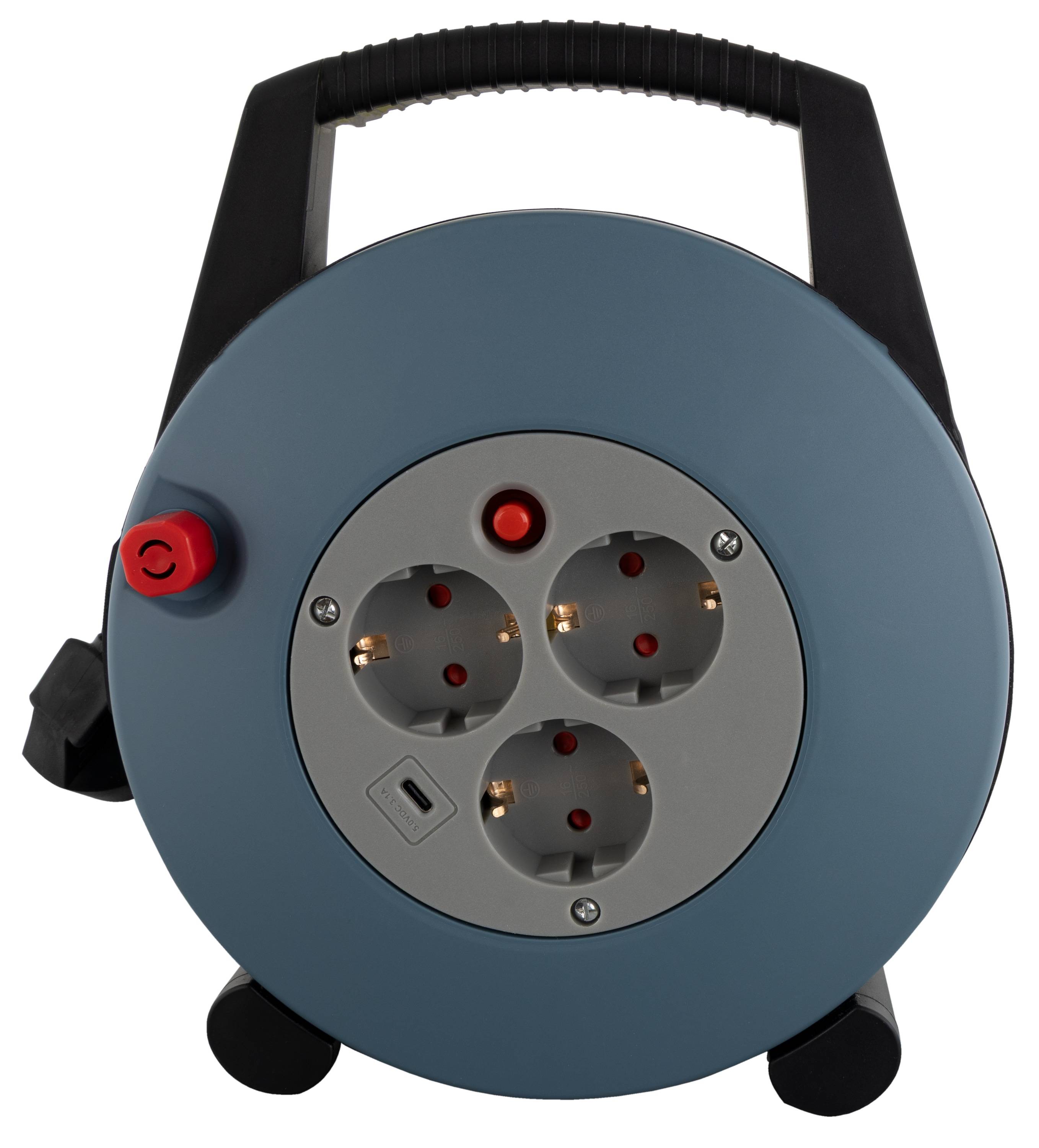 REV Kabelbox H05VV3G1,5, 3-fach, 1x USB-C, schwarz/grau, 10 m