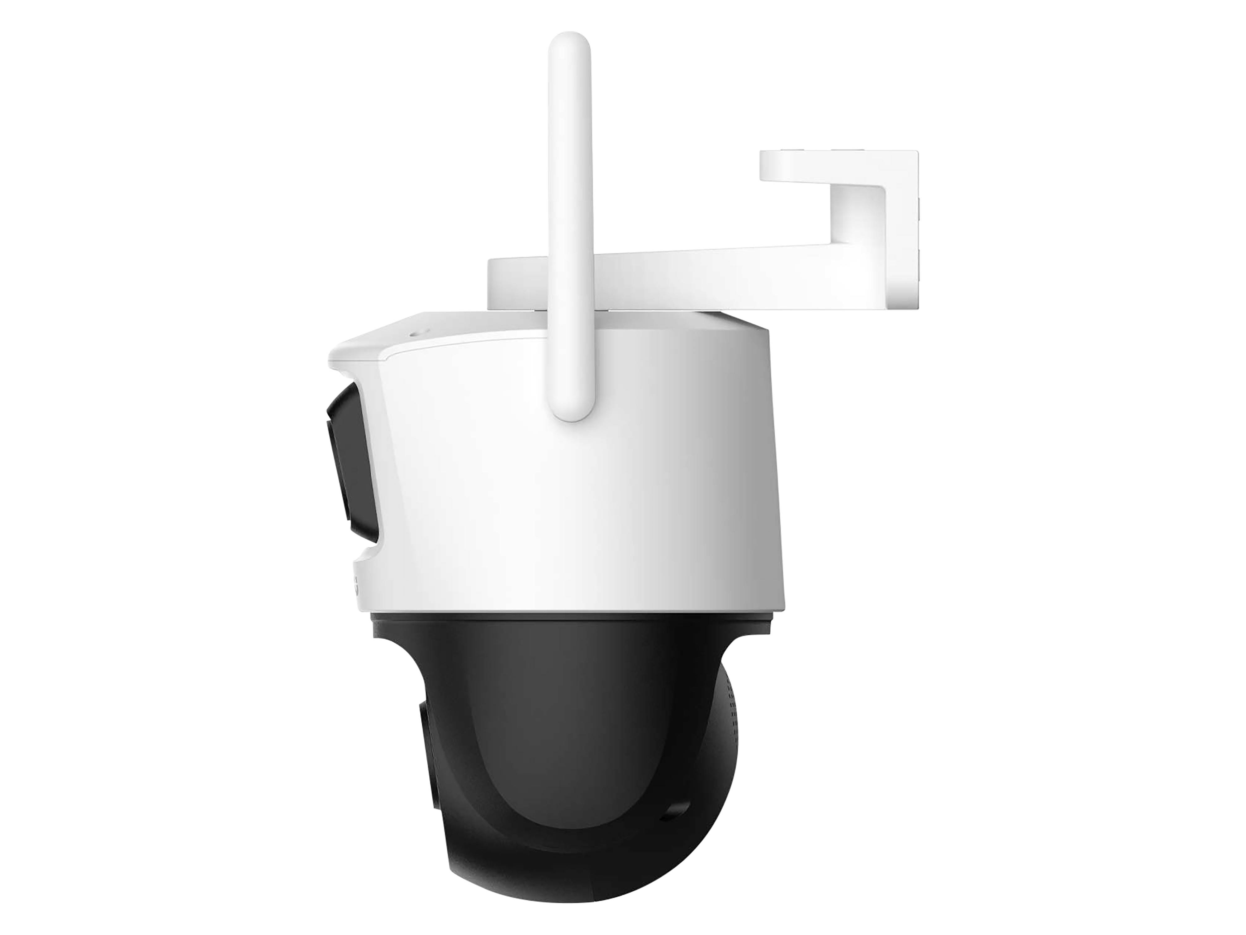 Eine weiße und schwarze Überwachungskamera mit einer Antenne, die an einer Wandhalterung montiert ist, in einer Seitenansicht.