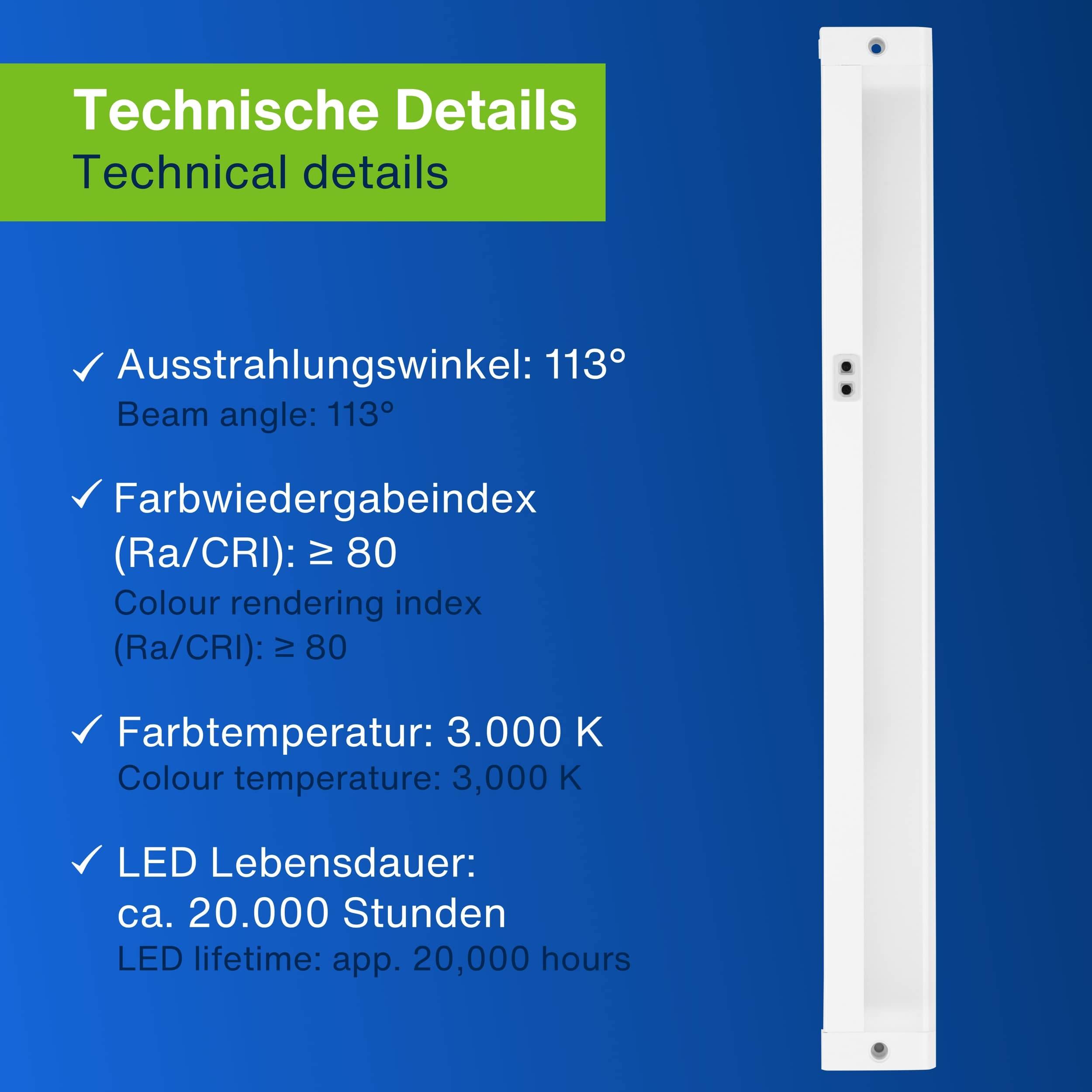 Technische Daten' Abschnitt mit Details zu einem Leuchtprodukt: Abstrahlwinkel 113°, Farbwiedergabeindex ≥ 80, Farbtemperatur 3.000 K, LED-Lebensdauer ca. 20.000 Stunden.