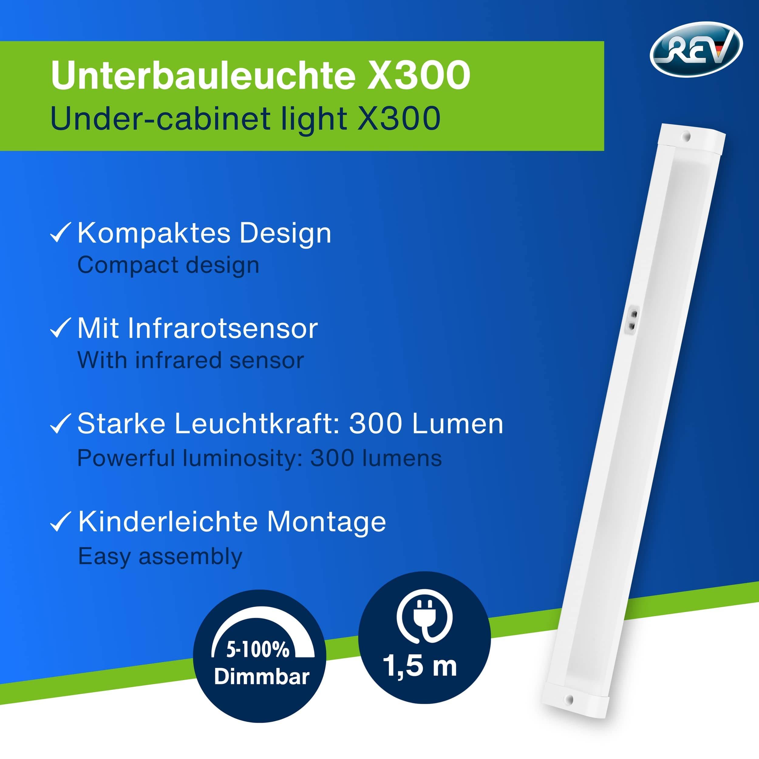 Unterbauleuchte X300 mit kompaktem Design, Infrarotsensor, 300-Lumen-Helligkeit und einfacher Montage. Dimmbar von 5–100 %.