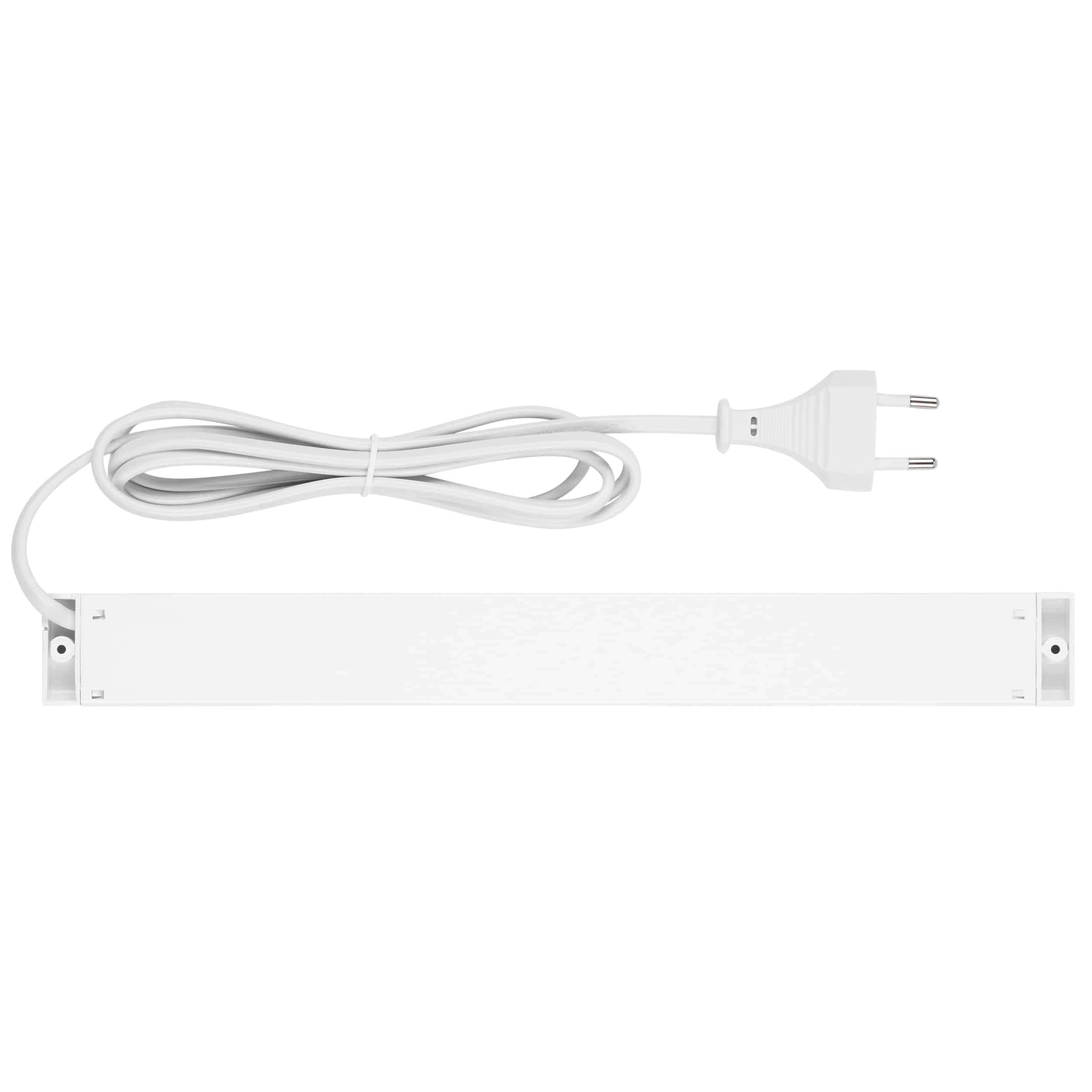 Eine weiße rechteckige Steckdosenleiste mit einem europäischen zweipoligen Stecker und einem langen weißen Kabel, die für die Montage an Wänden oder Oberflächen konzipiert ist.