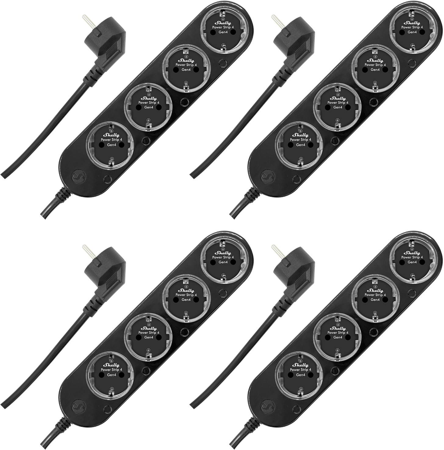 Vier schwarze Steckerleisten mit je drei Steckdosen, jeder Stecker angewinkelt, auf weißem Hintergrund.