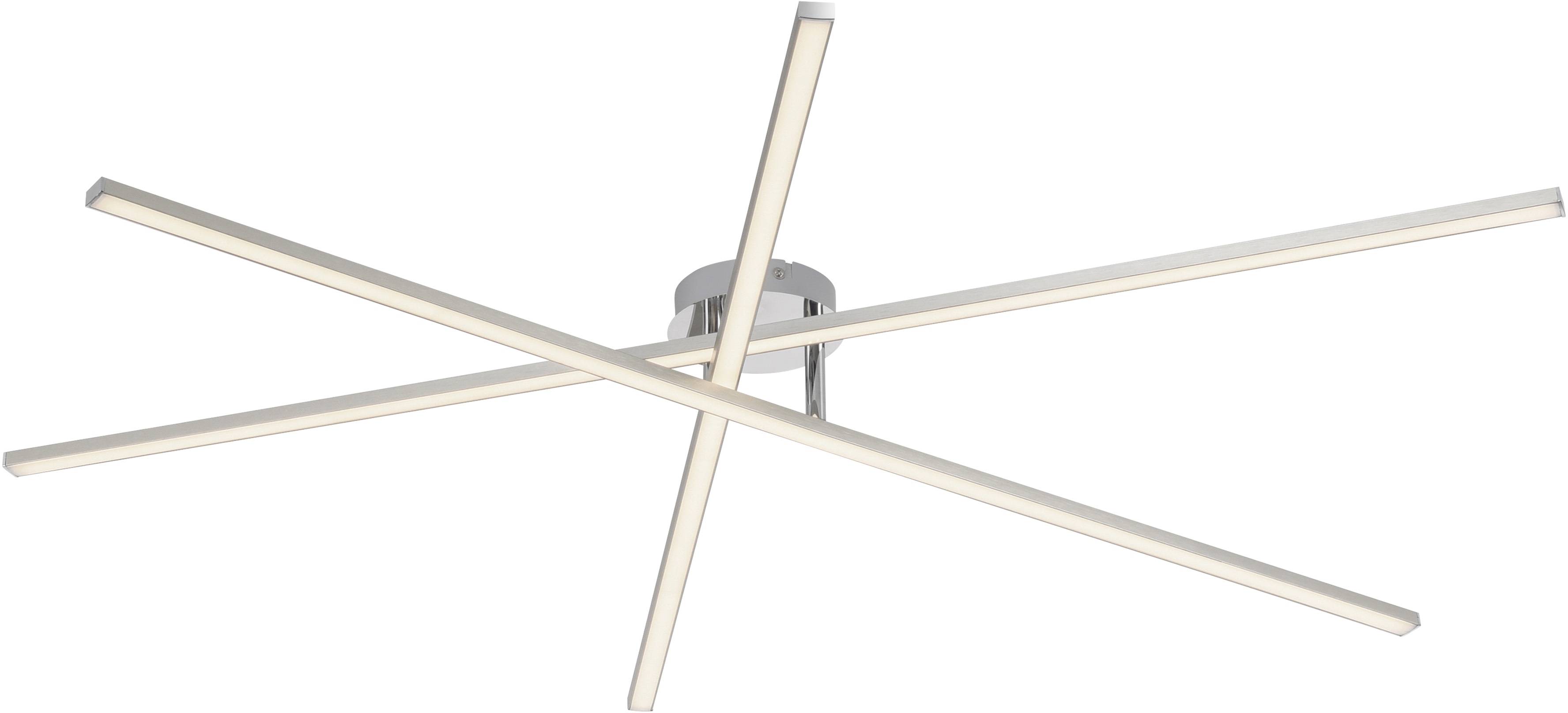 Eine moderne Deckenleuchte mit vier sich kreuzenden LED-Stäben in minimalistischem Design, montiert auf einer zylindrischen Basis.