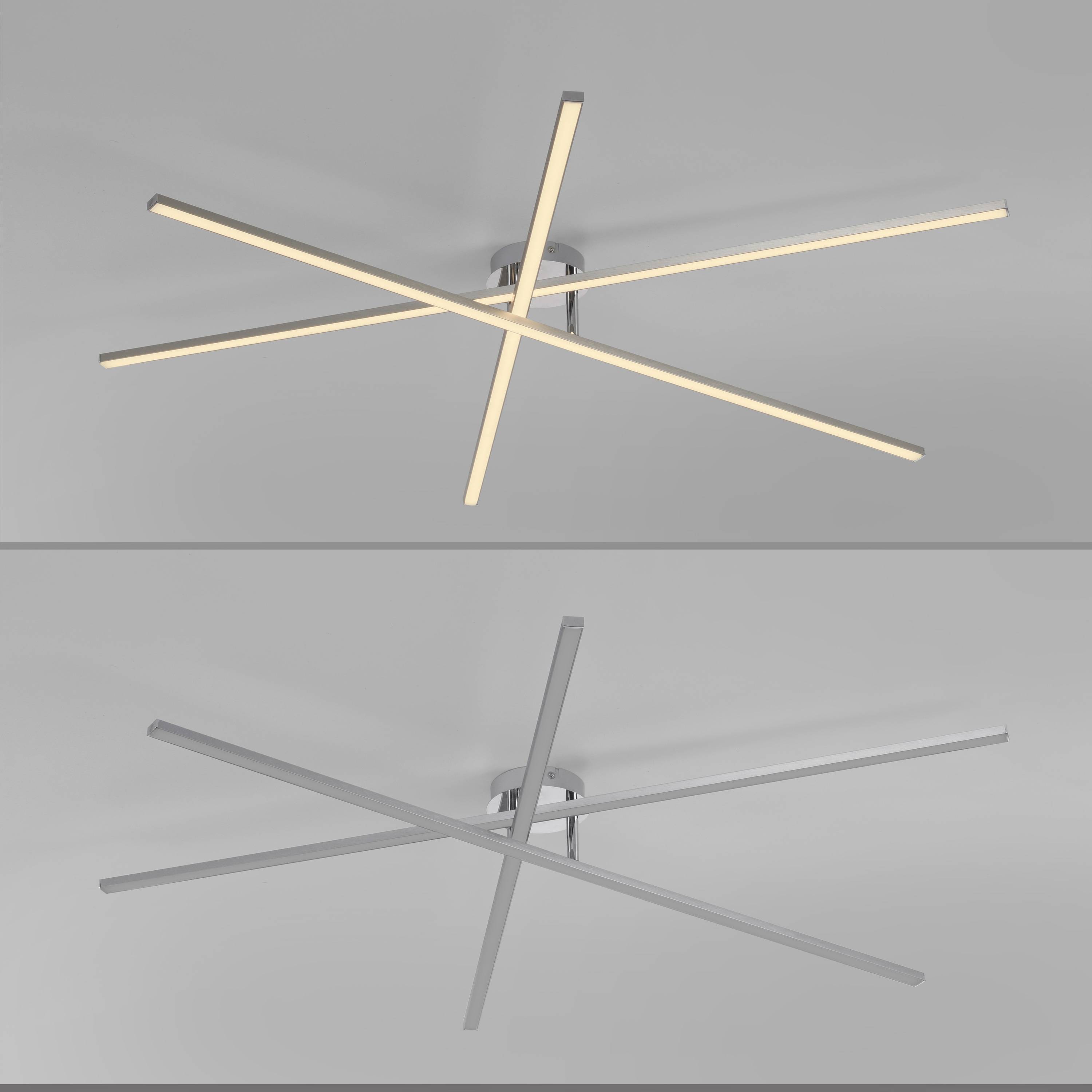 Deckenleuchte mit drei sich kreuzenden LED-Balken, beleuchtet im oberen Bild und ausgeschaltet im unteren Bild, vor einem grauen Hintergrund.