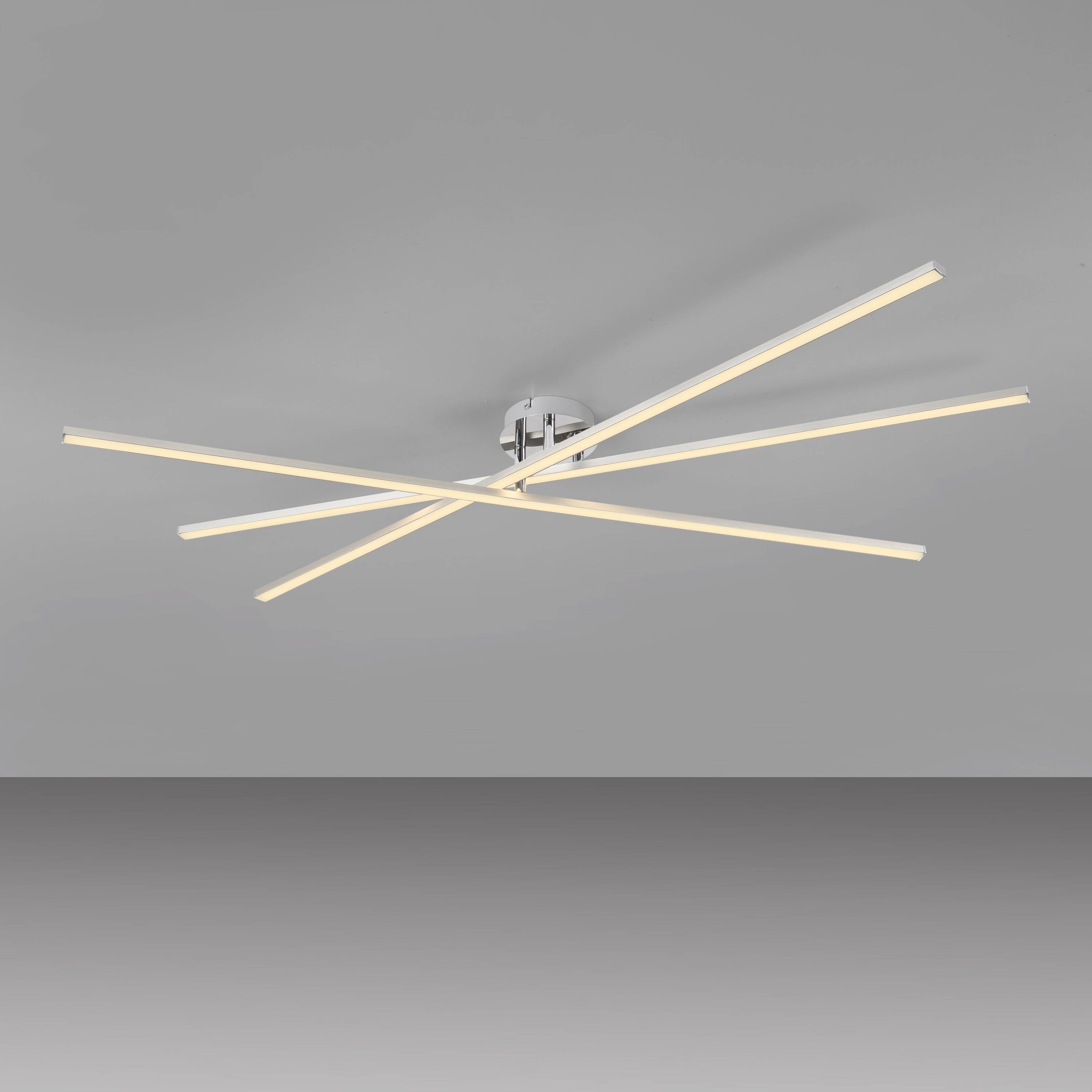 Moderne Deckenleuchte mit fünf sich kreuzenden LED-Balken auf grauem Hintergrund.