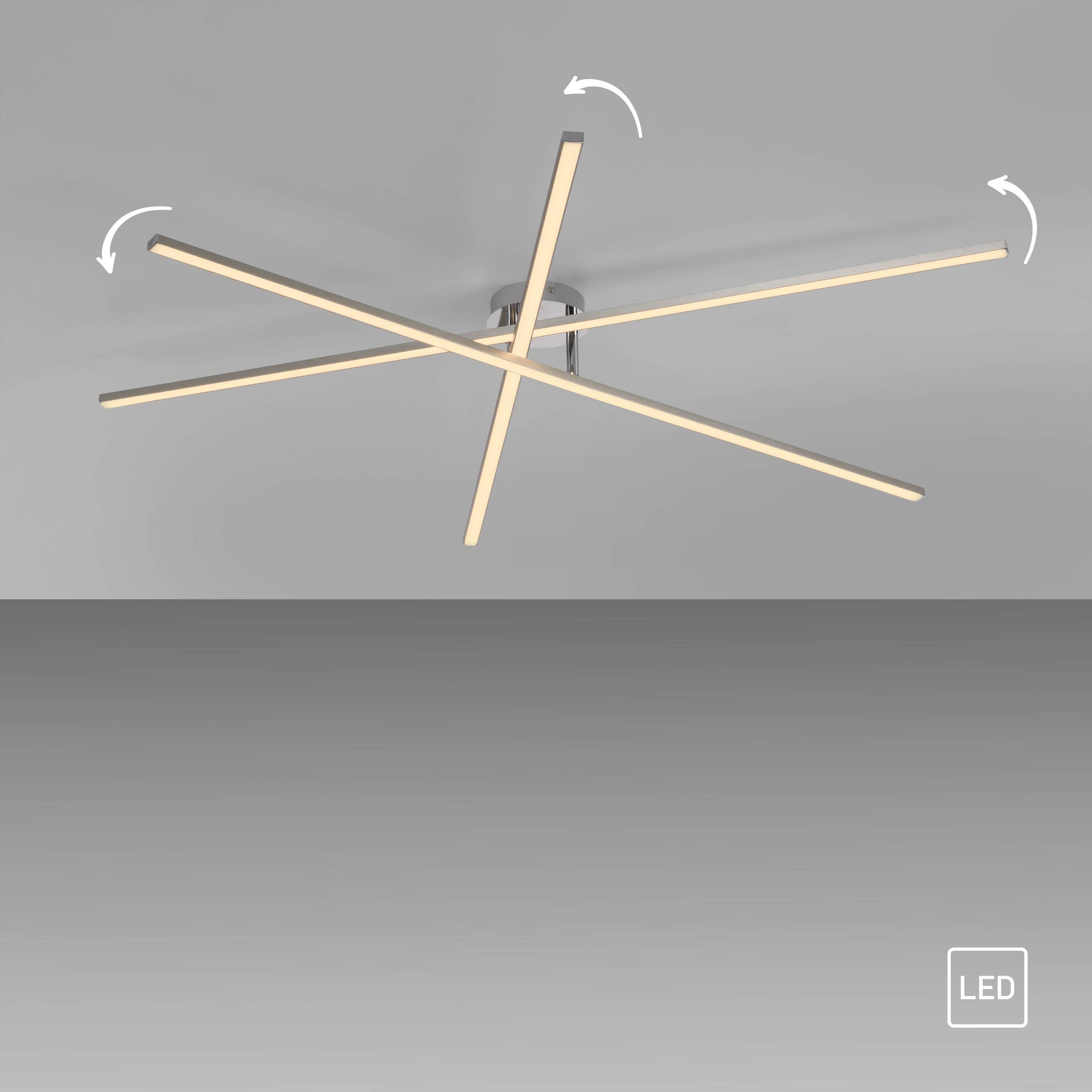 Decken-LED-Leuchte mit sich kreuzenden Streben. Pfeile zeigen einstellbare Winkel an. Elegantes, modernes Design.