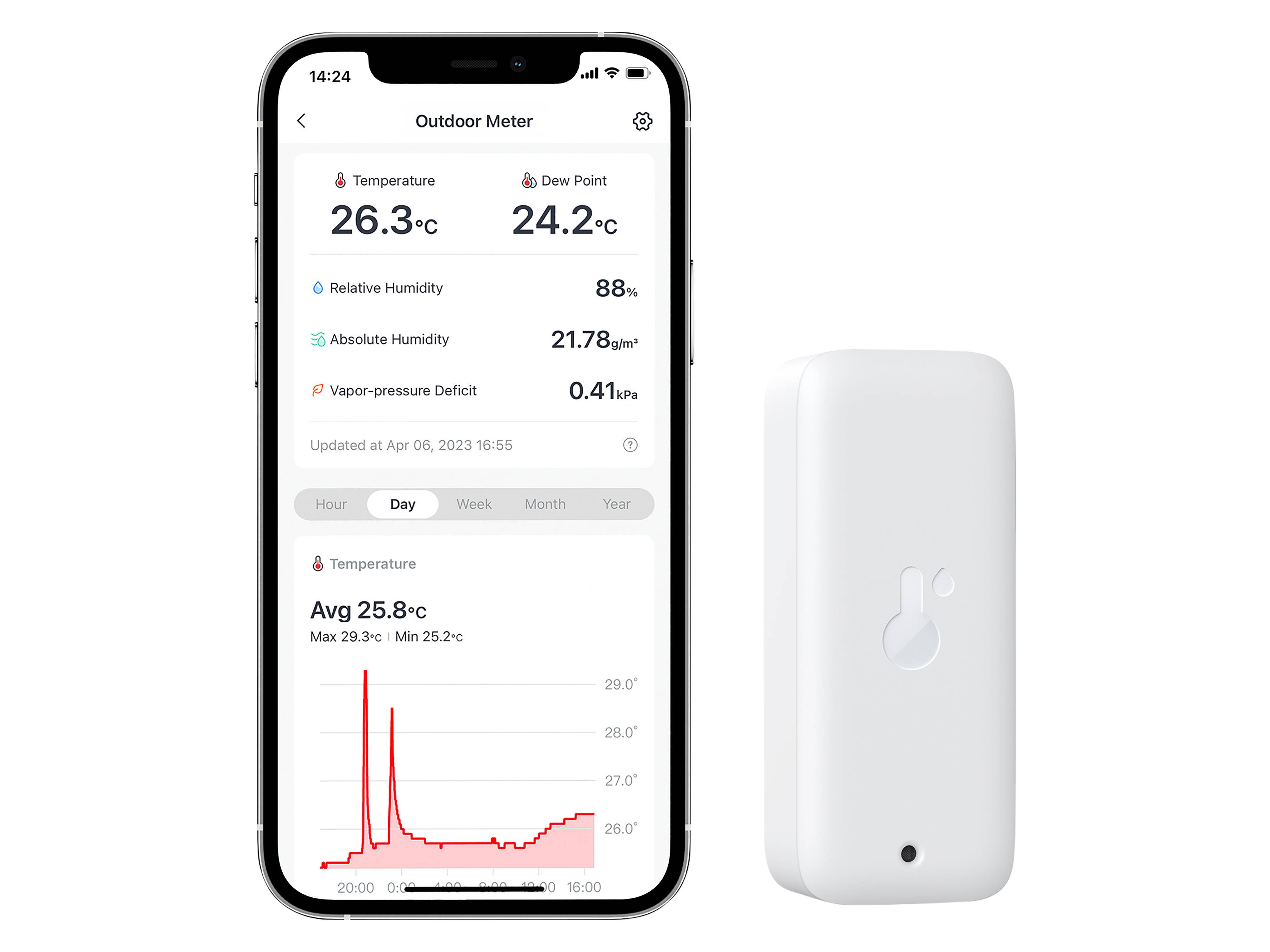 Outdoor Meter' App zeigt Temperatur 26,3°C, Taupunkt 24,2°C, Luftfeuchtigkeit 88%, Luftdruck 21,78 hPa, mit einem Diagramm, das den Temperaturverlauf darstellt.