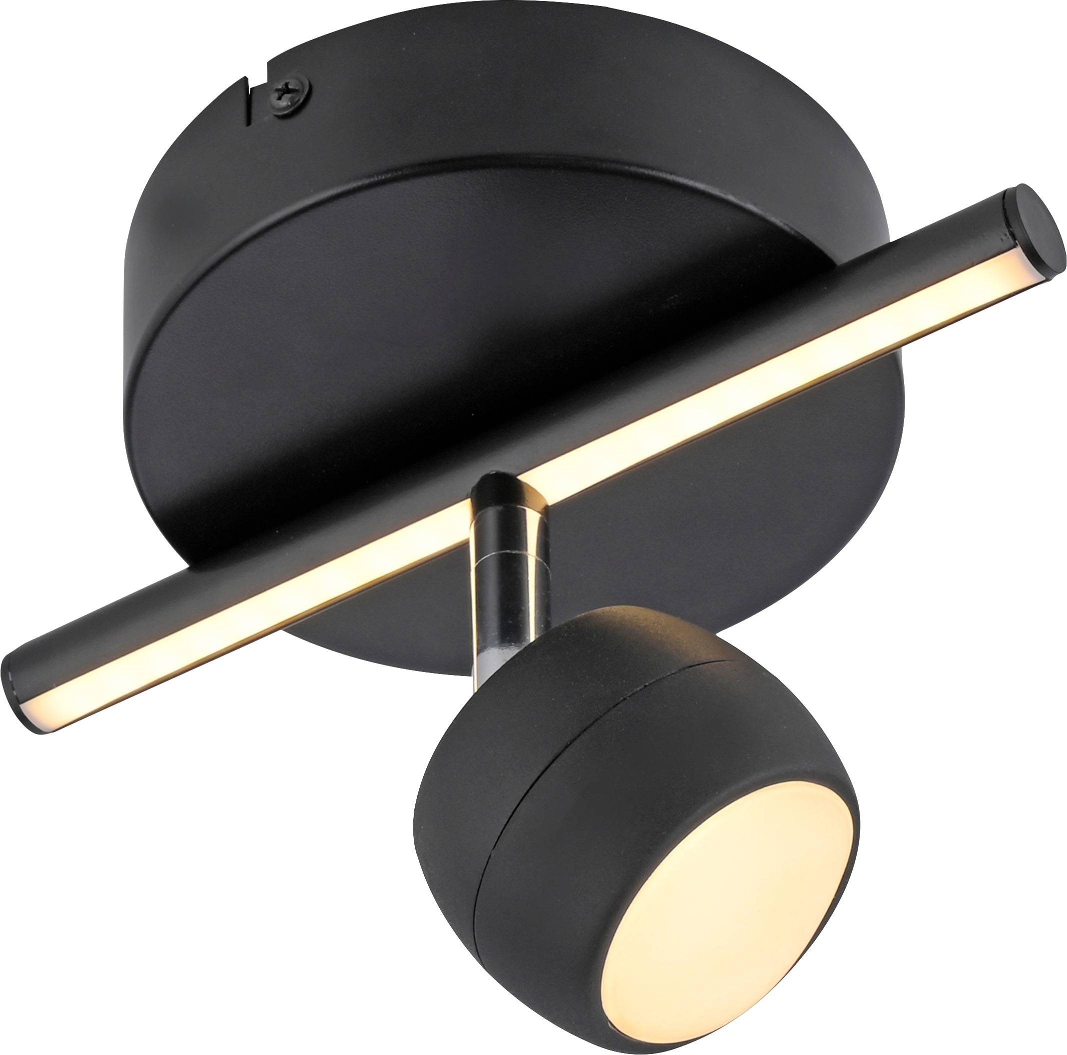 Eine moderne schwarze LED-Deckenleuchte mit einer zylindrischen Lichtquelle und horizontaler Traverse, passend für minimalistische Einrichtungen.