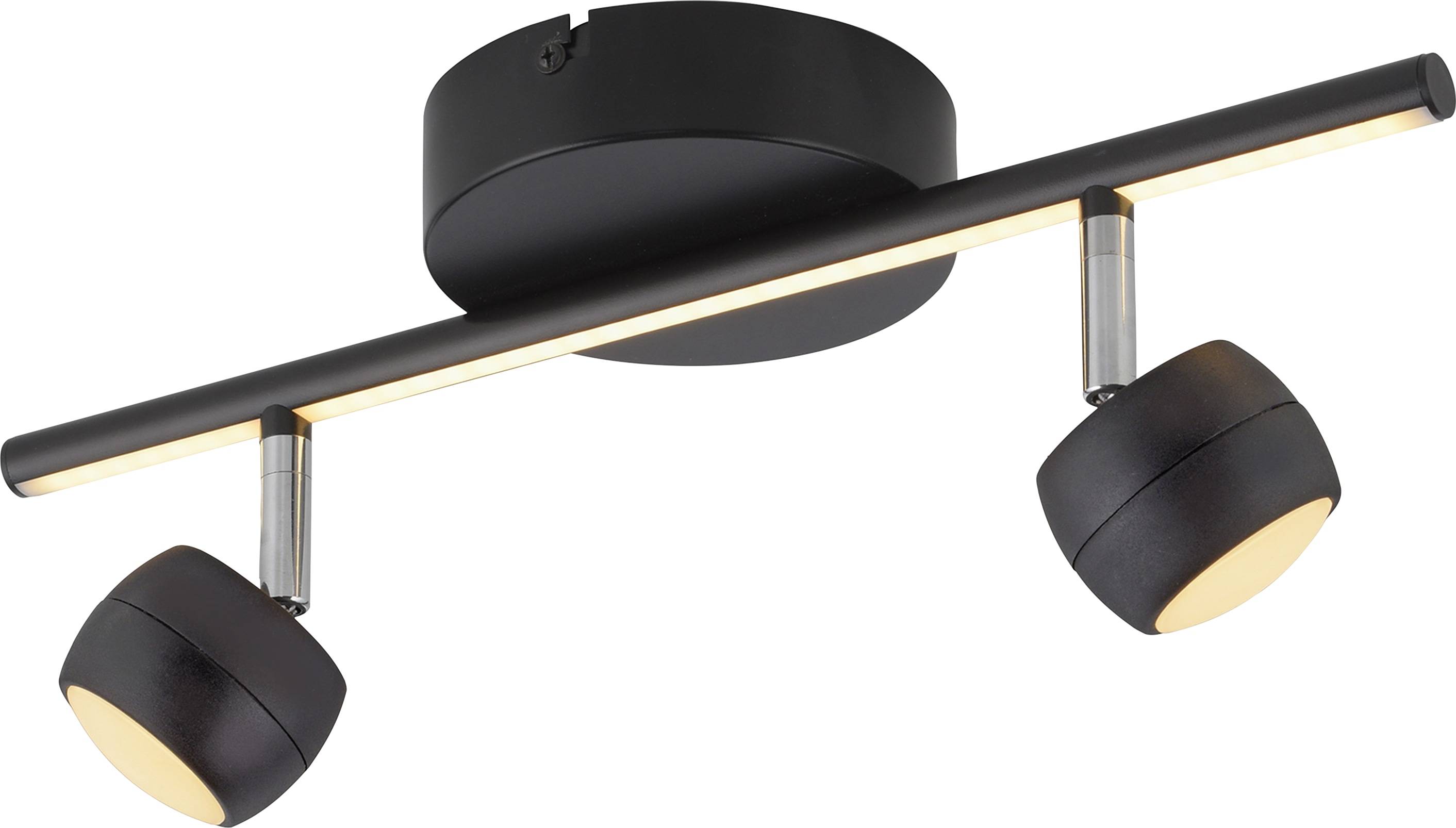 Eine moderne schwarze LED-Deckenleuchte mit abgewinkelten Armen und zylindrischen Enden, die weiches Licht ausstrahlt und sich perfekt für minimalistische Einrichtungen eignet.