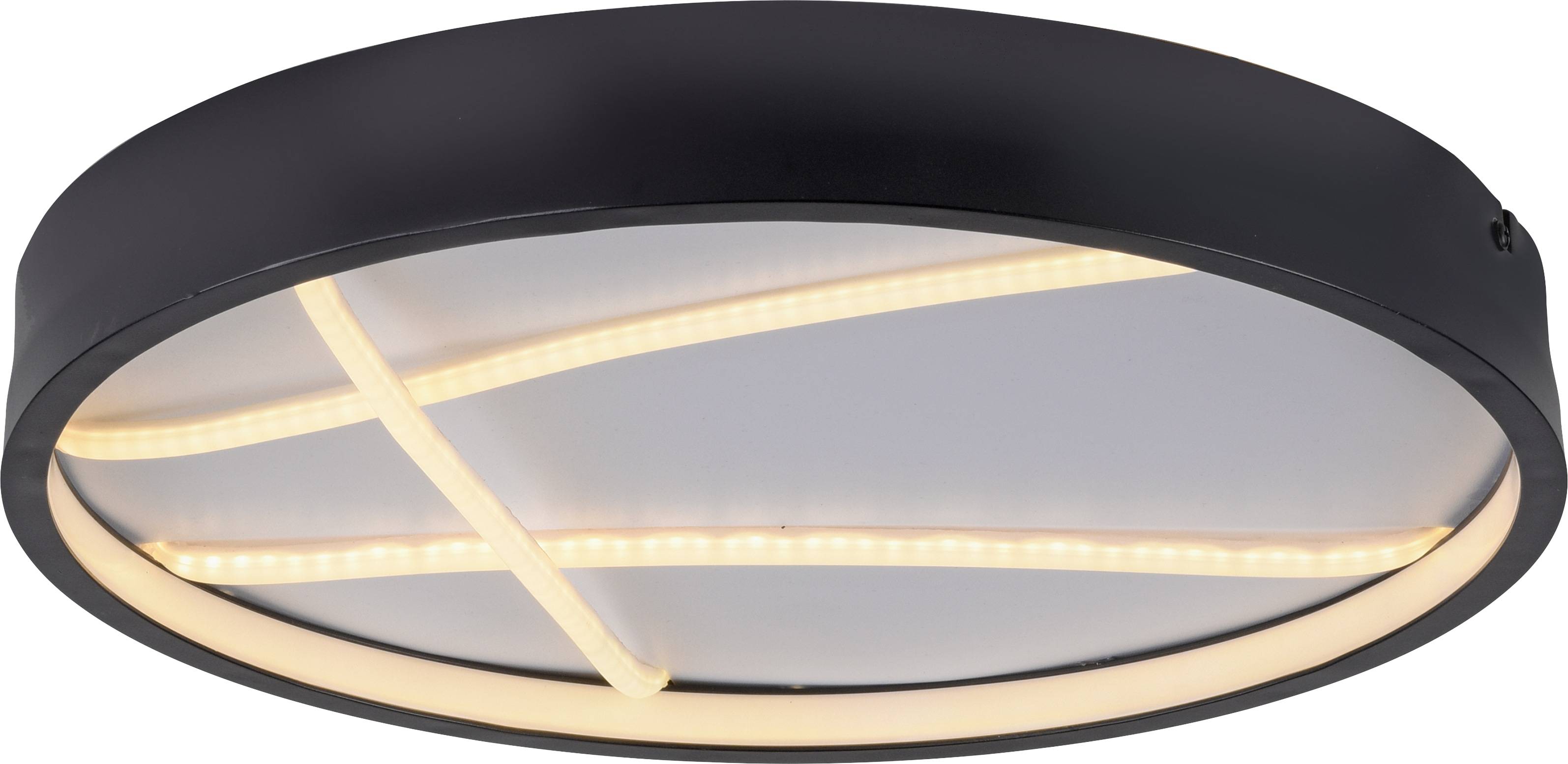 Deckenleuchte mit abgerundeter Form, die mehrere geschwungene LED-Lichtstreifen auf einer schwarzen Basis umfasst und moderne Beleuchtung bietet.