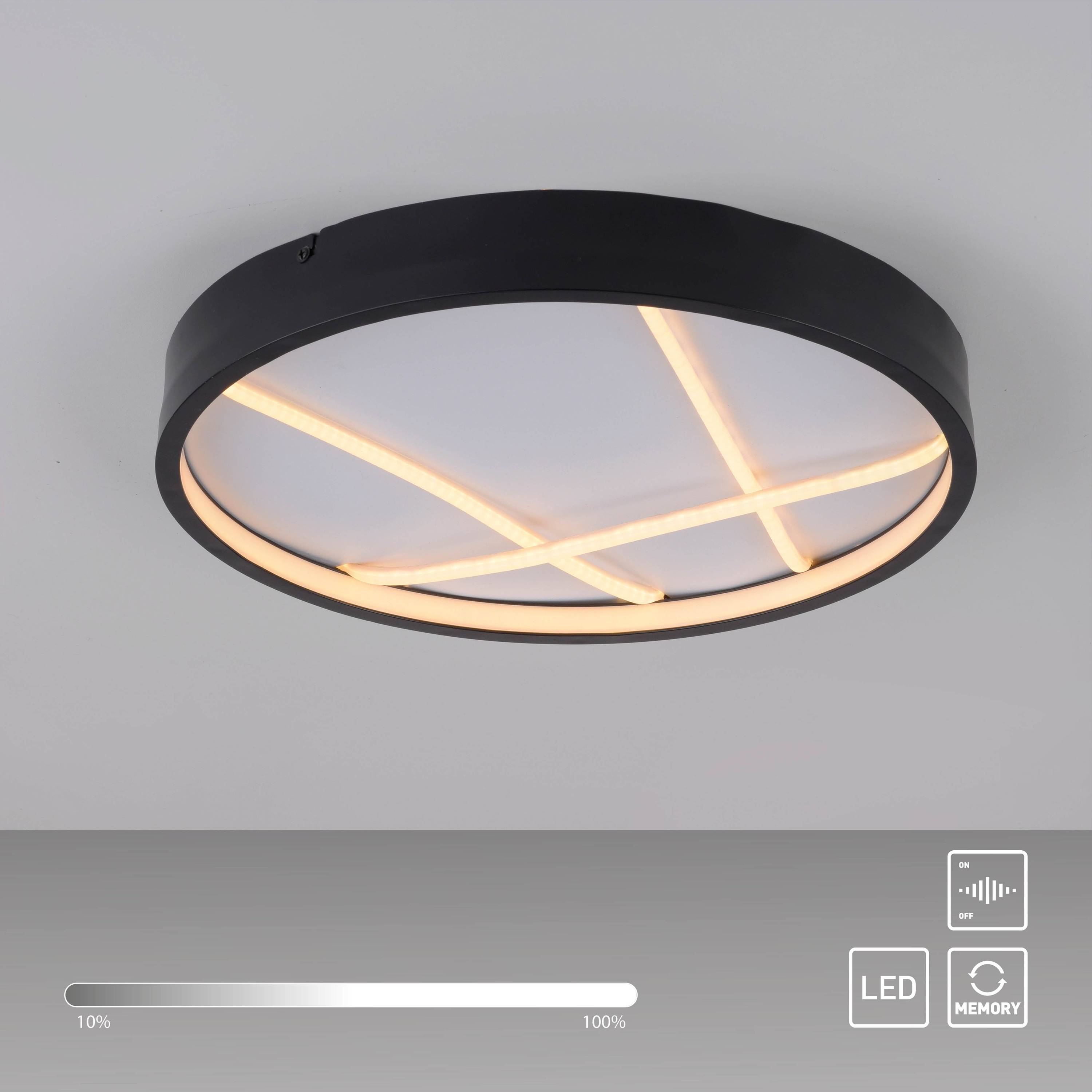 Schwarze kreisförmige LED-Deckenleuchte mit geometrischem Lichtmuster und einstellbarer Helligkeit. Ausgestattet mit Touchsteuerung zur Helligkeitsregulierung und Speicherfunktion.