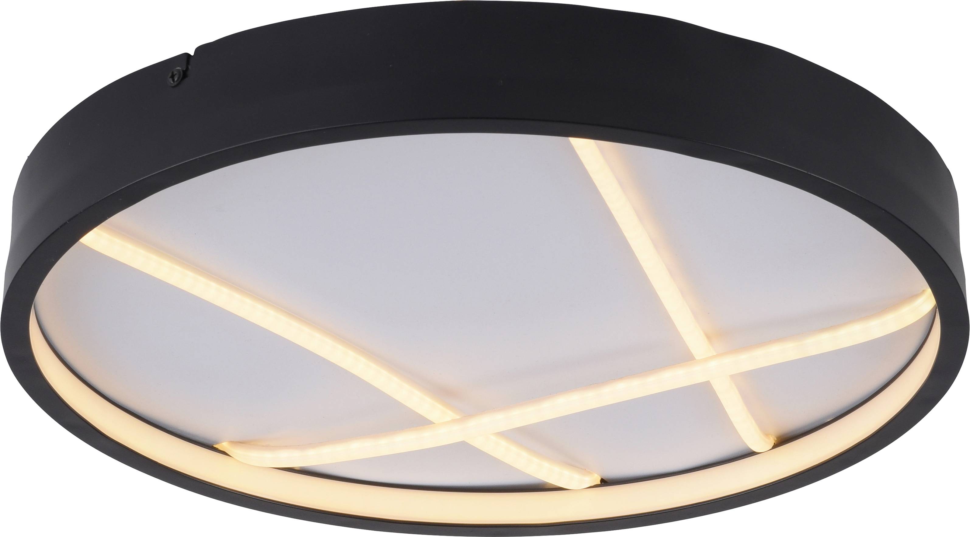 Eine moderne, kreisförmige schwarze Deckenleuchte mit sich kreuzenden LED-Streifen, die einen weißen Diffusor beleuchten und ein schlankes, minimalistisches Design schaffen.
