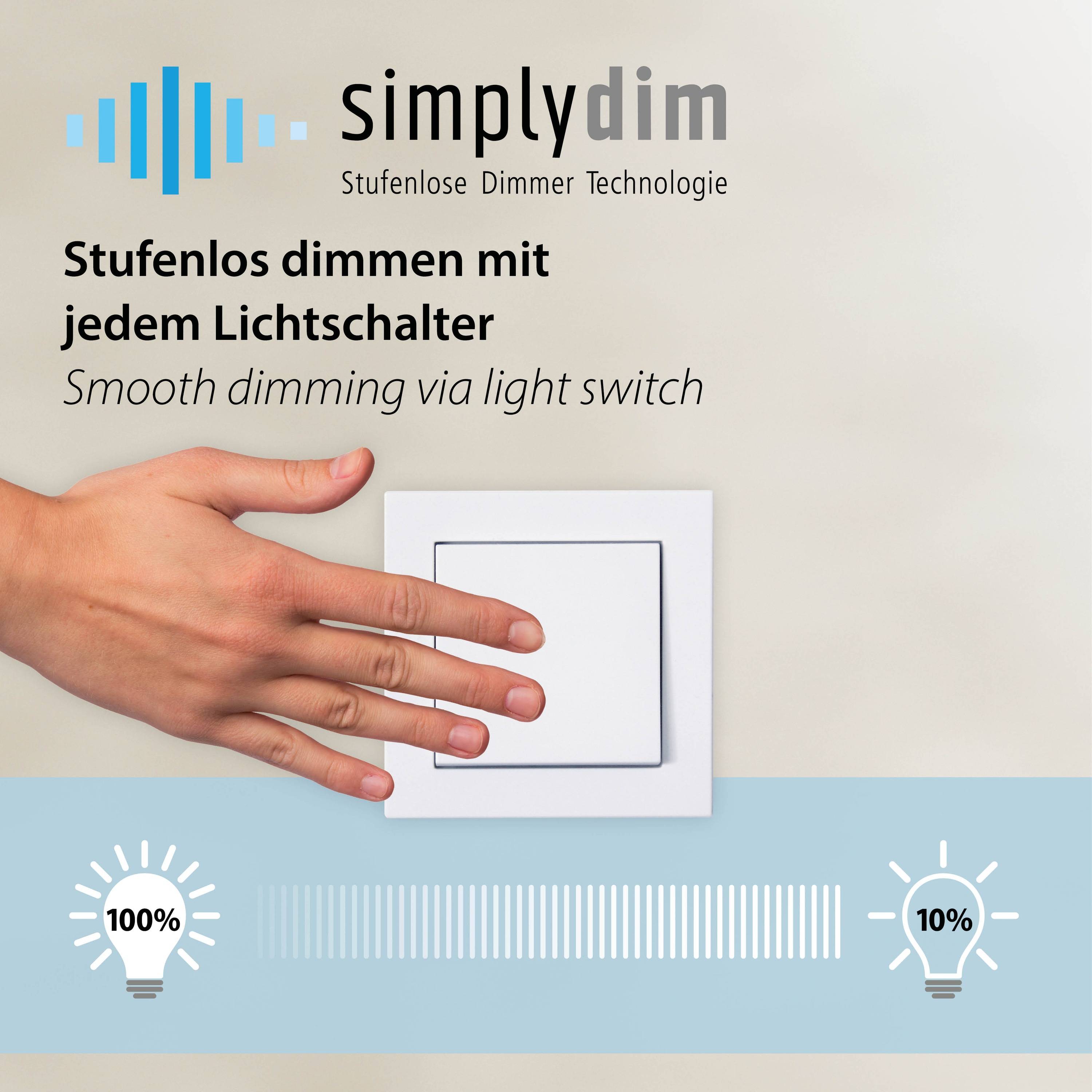 Hand, die einen Wandlichtschalter mit 'simplydim' Logo und dem Text 'Sanftes Dimmen über den Lichtschalter' auf Deutsch und Englisch justiert