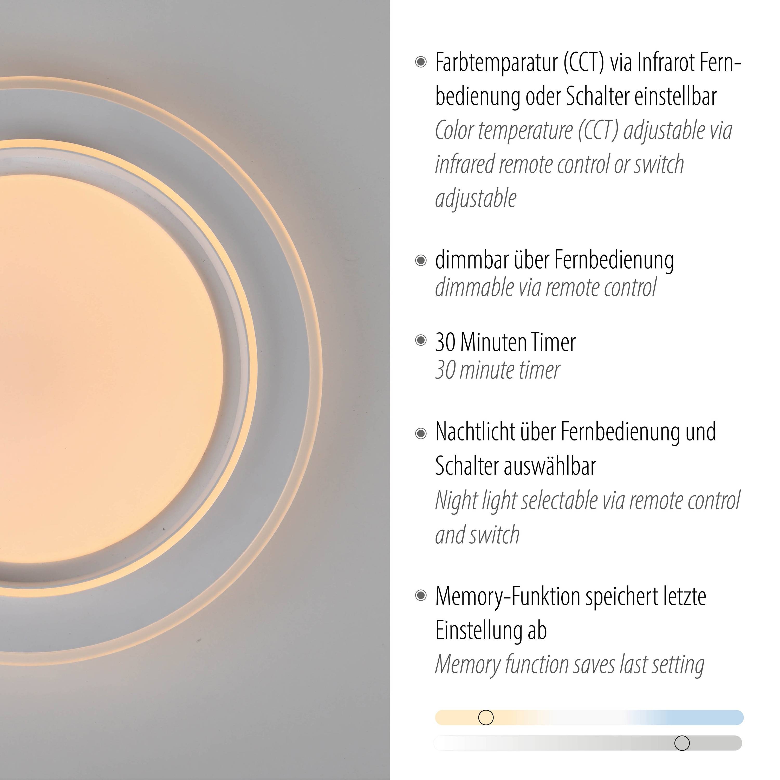 Kreisförmige Lichtarmatur mit einstellbarer Farbtemperatur (CCT) und dimmbaren Einstellungen per Fernbedienung. Enthält einen 30-Minuten-Timer, Nachtlicht und Speicherfunktion.
