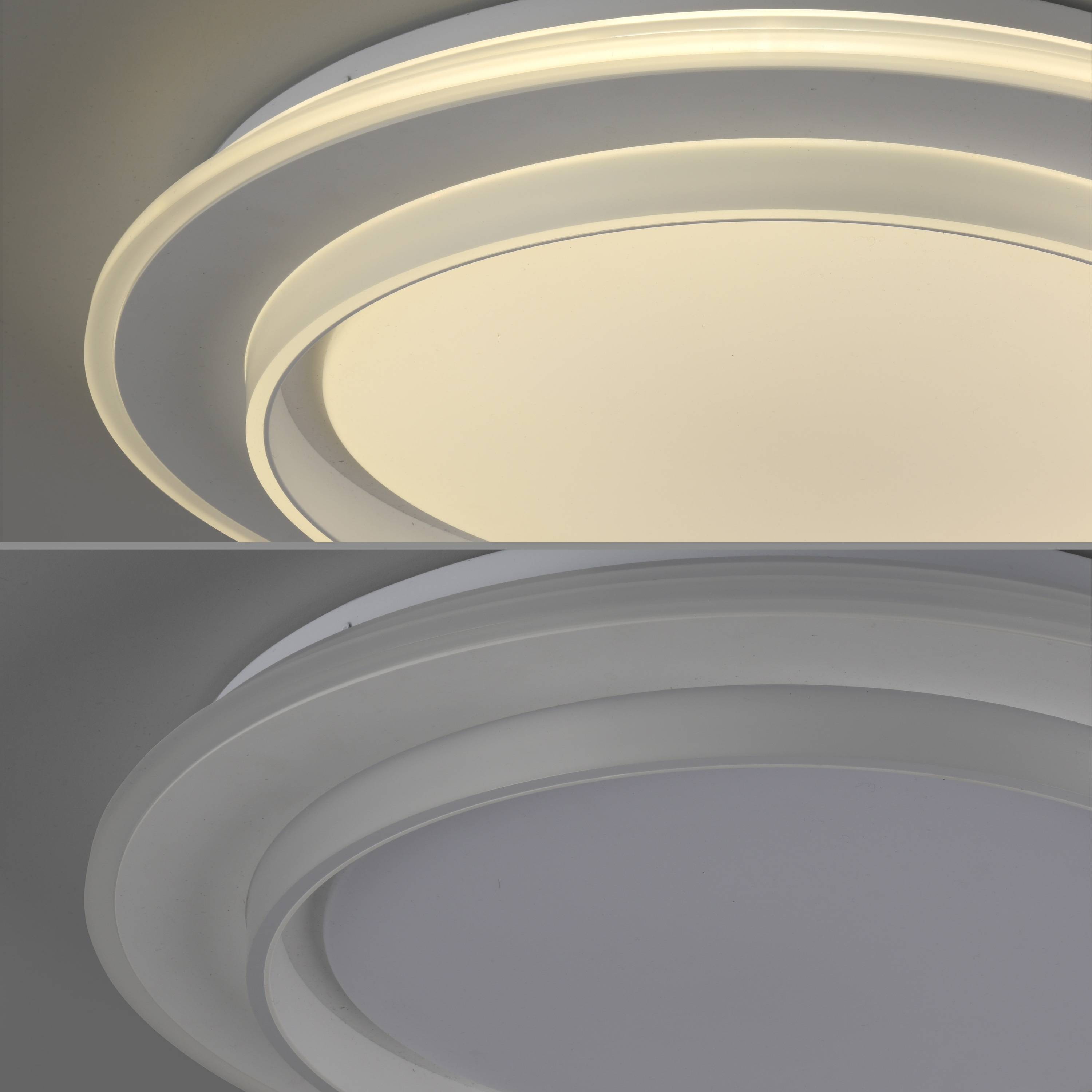 Moderne kreisförmige Deckenleuchte mit geschichteter Gestaltung und weichem Ambientlicht, die eine Verschmelzung von zeitgenössischem und minimalistischem Stil präsentiert.