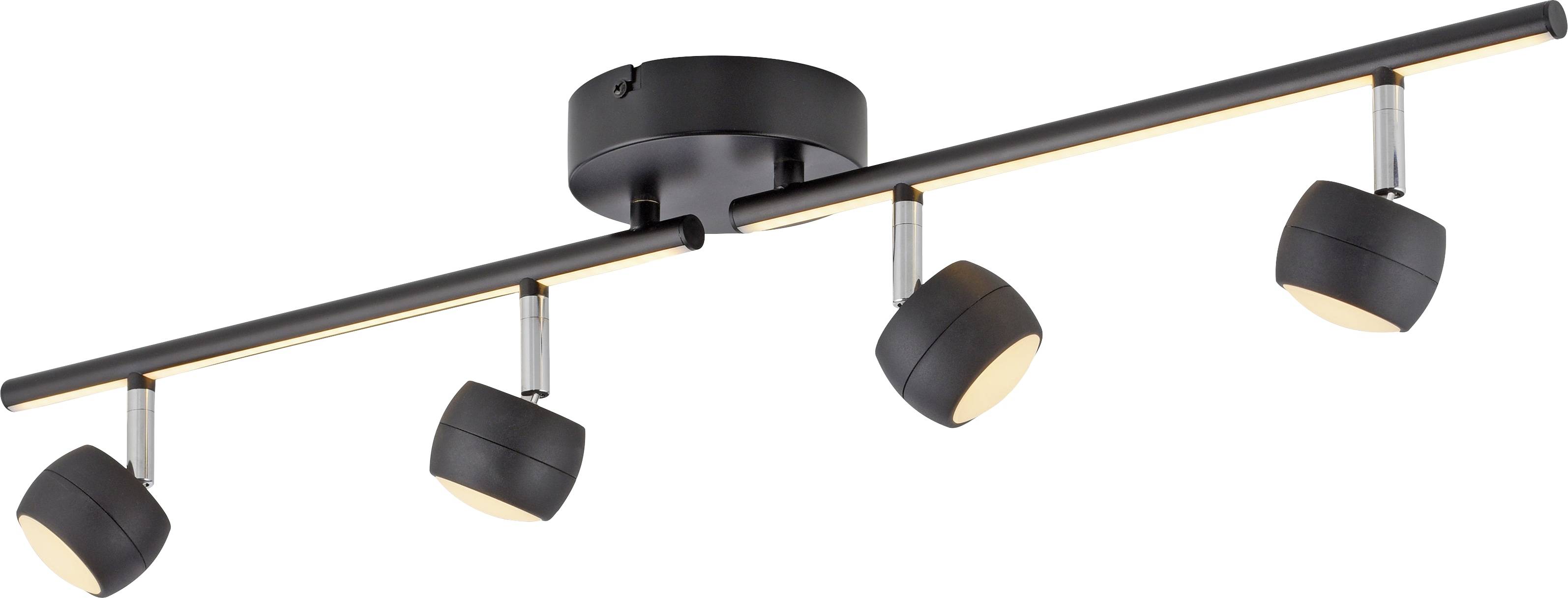 Eine schwarze, an der Decke montierte Schienenleucht mit zwei verstellbaren, runden LED-Leuchten, die gerichtetes Licht für moderne Innenräume bereitstellt.