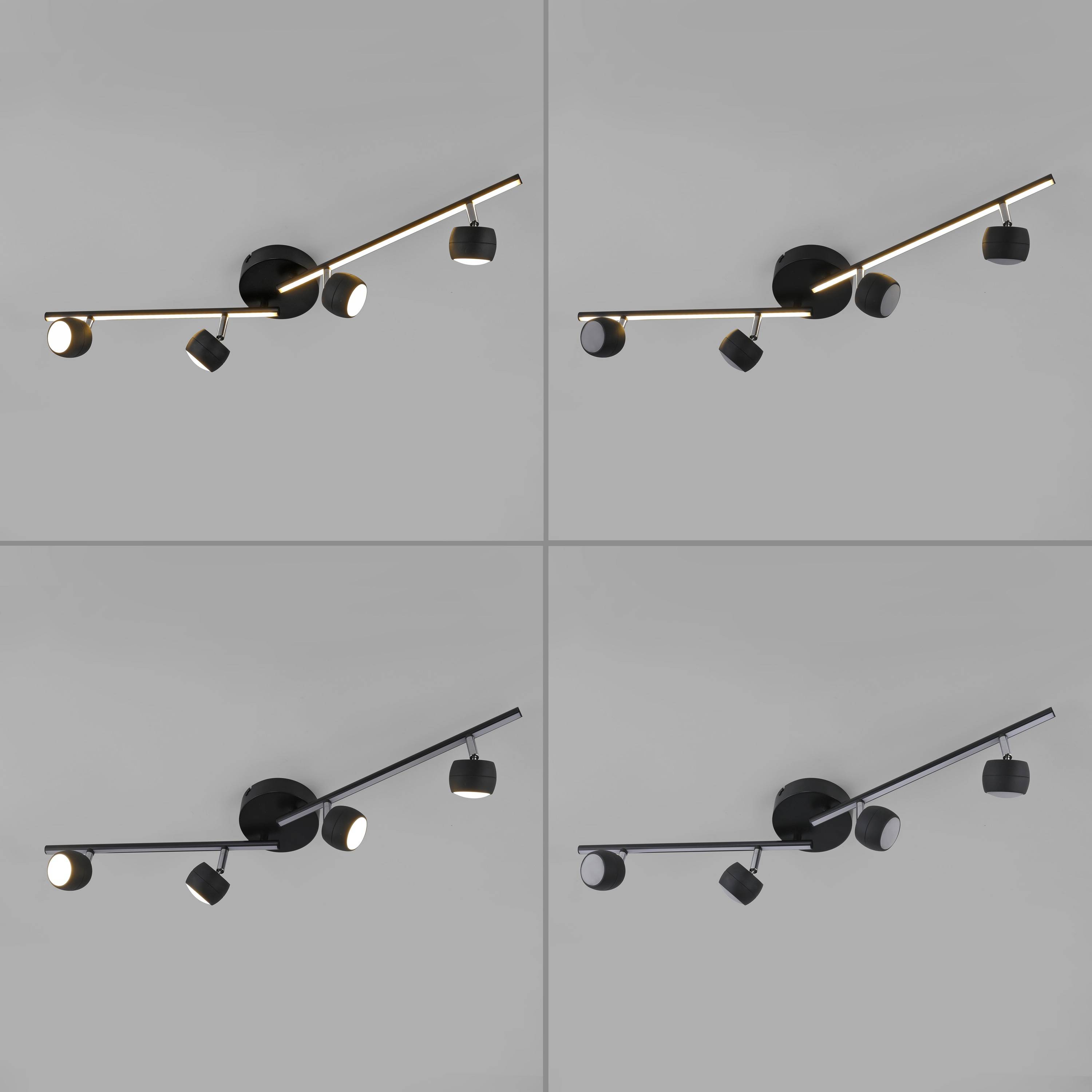 Vier schwarze und messingfarbene, verstellbare Scheinwerfer, die an einer grauen Wand in einem 2x2-Raster montiert sind. Jedes Licht zeigt in eine andere Richtung.