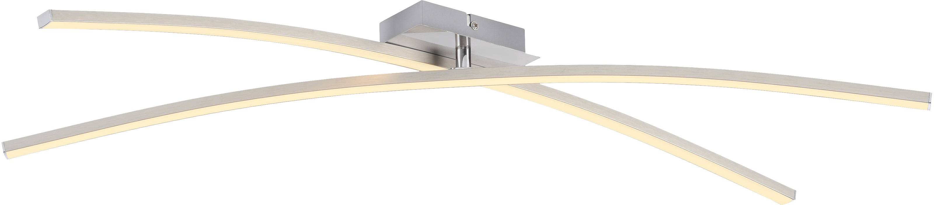 Eine moderne Deckenleuchte mit sich kreuzenden linearen Armen in silbermetallic Finish, die weiches weißes Licht ausstrahlt.