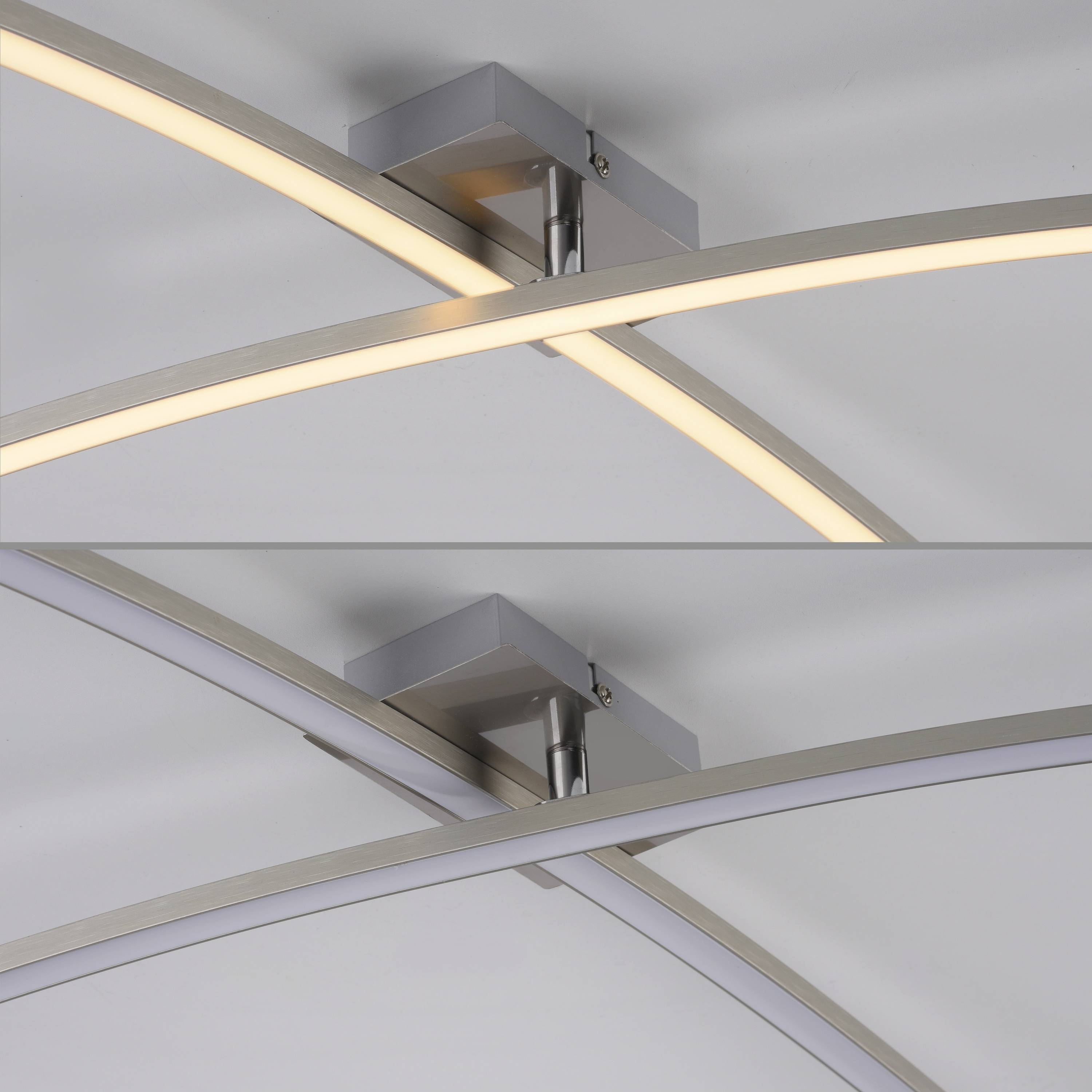 Gebogene LED-Deckenleuchte mit modernem, minimalistischem Design, die sich durch sich kreuzende Stangen und eine metallische Basis auszeichnet.