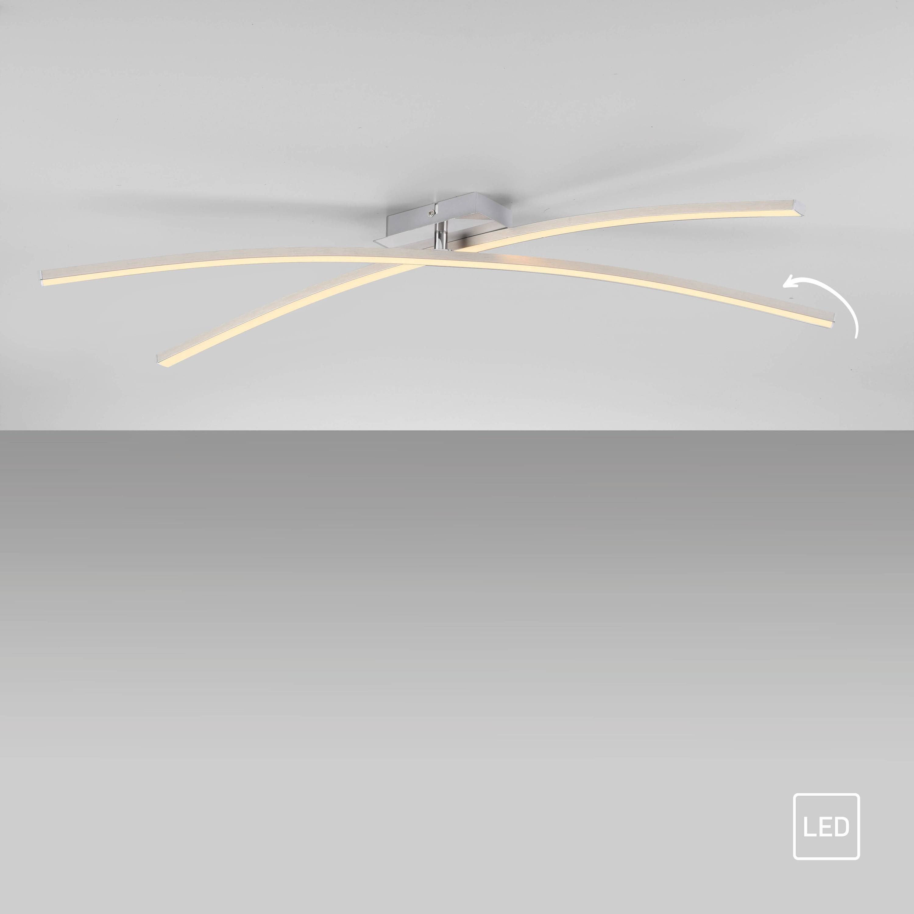 Deckenleuchte mit zwei sich kreuzenden gebogenen LED-Balken. Ein weißer Pfeil zeigt die Rotationsrichtung eines Balkens an.