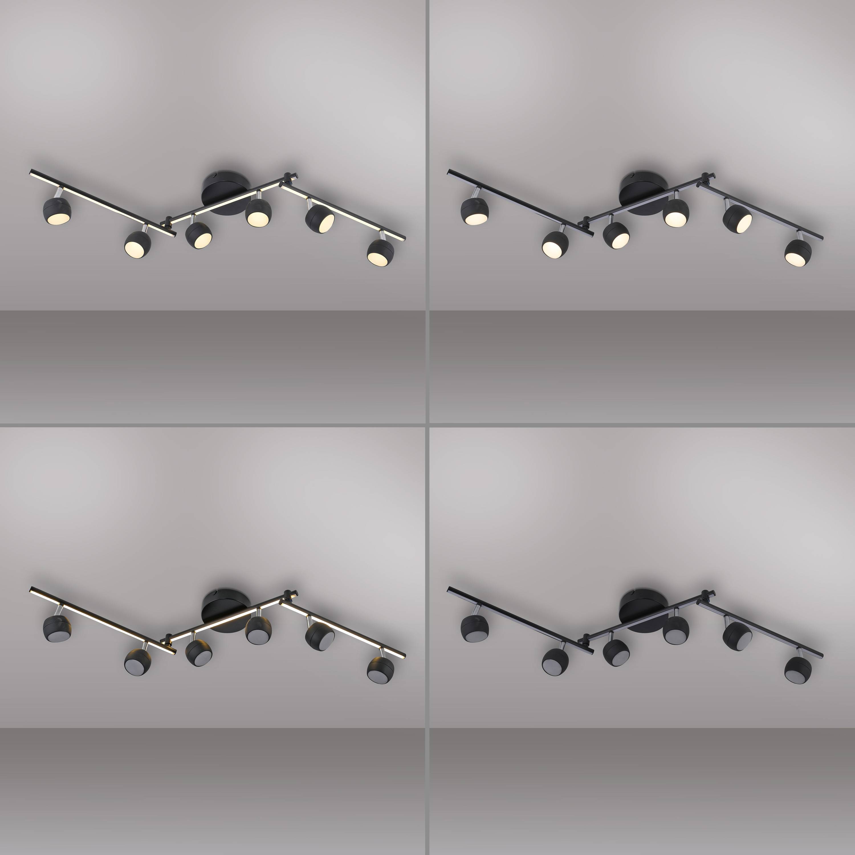 Vier schwarze Schienenstrahler mit verstellbaren Scheinwerfern, gleichmäßig über eine weiße Decke verteilt, betonen das minimalistische Design der Leuchte.