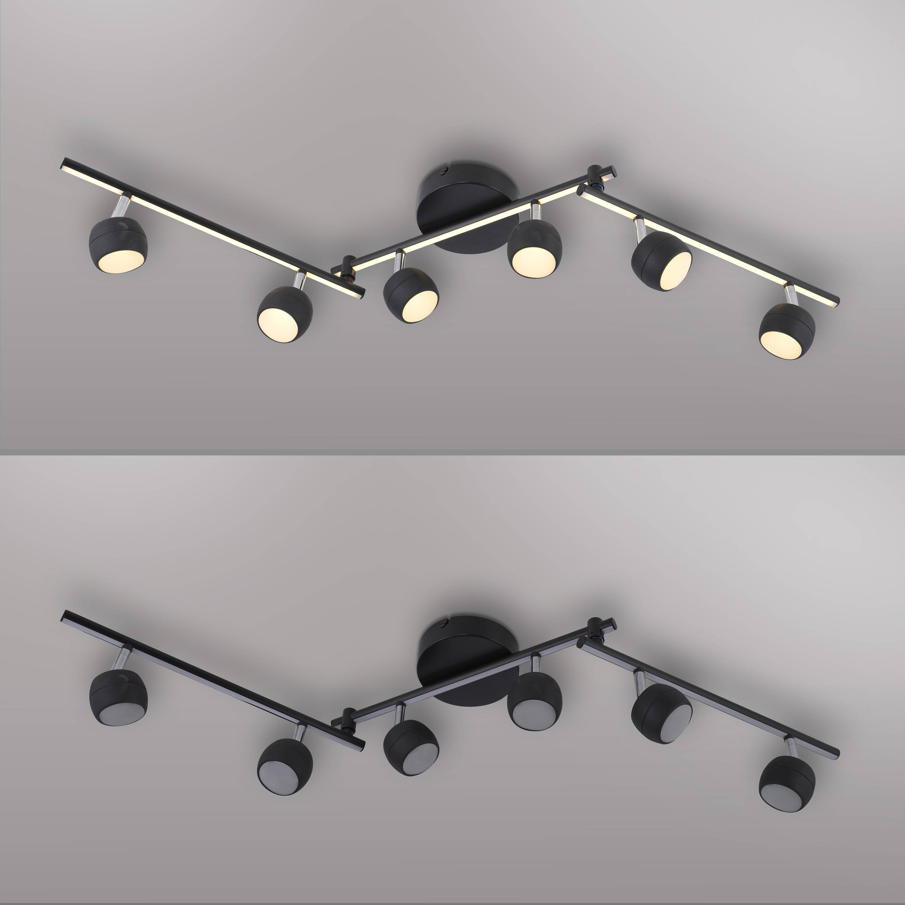 „Zwei Bilder von Deckenaufbau-Schienenlichtanlagen mit verstellbaren schwarzen zylindrischen Lampen an einer Metallschiene, dargestellt bei eingeschalteter und ausgeschalteter Beleuchtung.