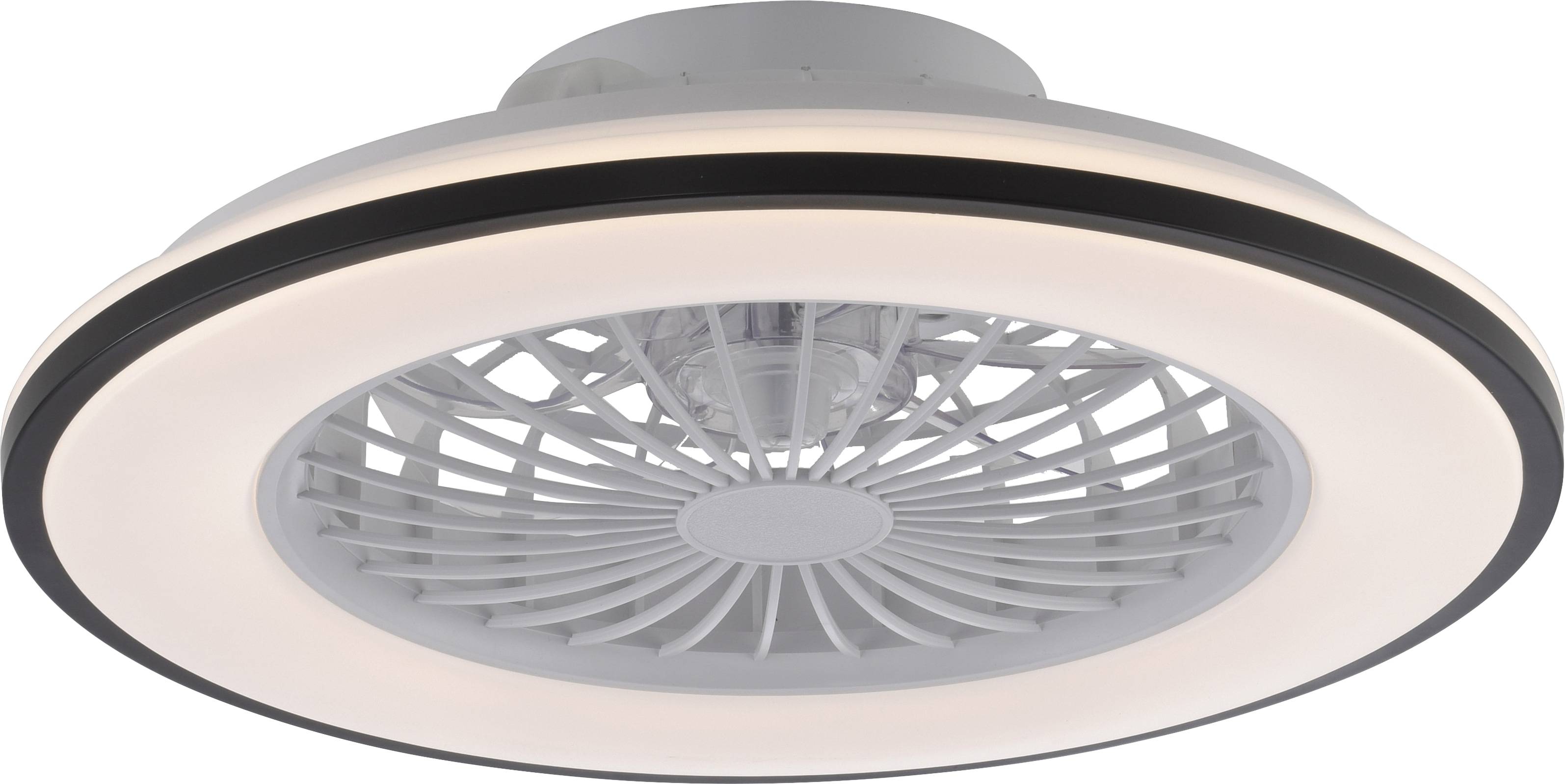 Deckenventilator mit integrierter Beleuchtung, kreisförmiges Design mit Flügelstruktur, an der Decke montiert.