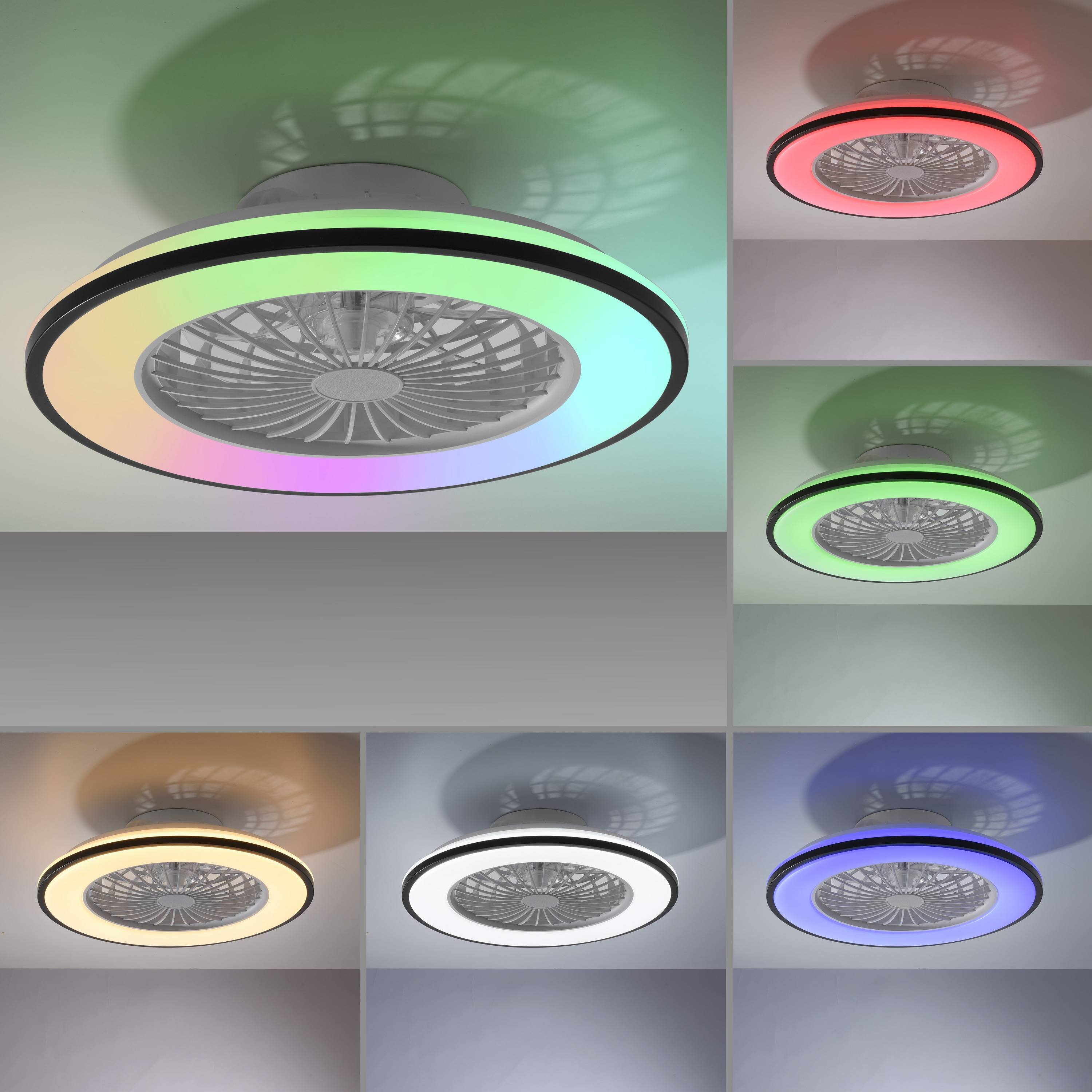 Deckenlüfter mit mehrfarbigem LED-Lichtring, dargestellt in sechs Farbvariationen: Grün, Rot, Lila, Orange, Weiß und Blau.
