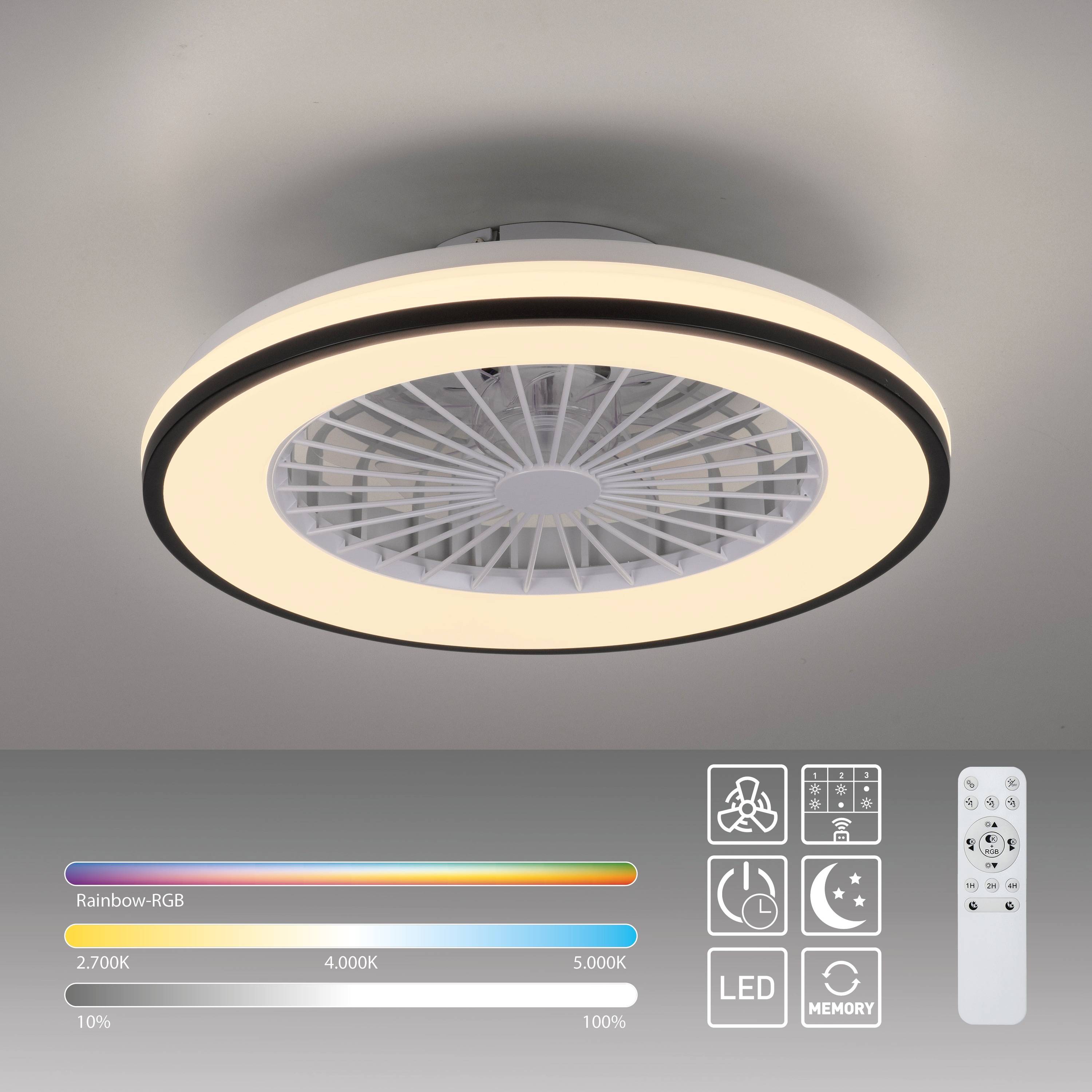 Eine Deckenleuchte mit integriertem Ventilator, die eine einstellbare Farbtemperatur von 2700K bis 5000K bietet. Inklusive Fernbedienung und RGB-Optionen.