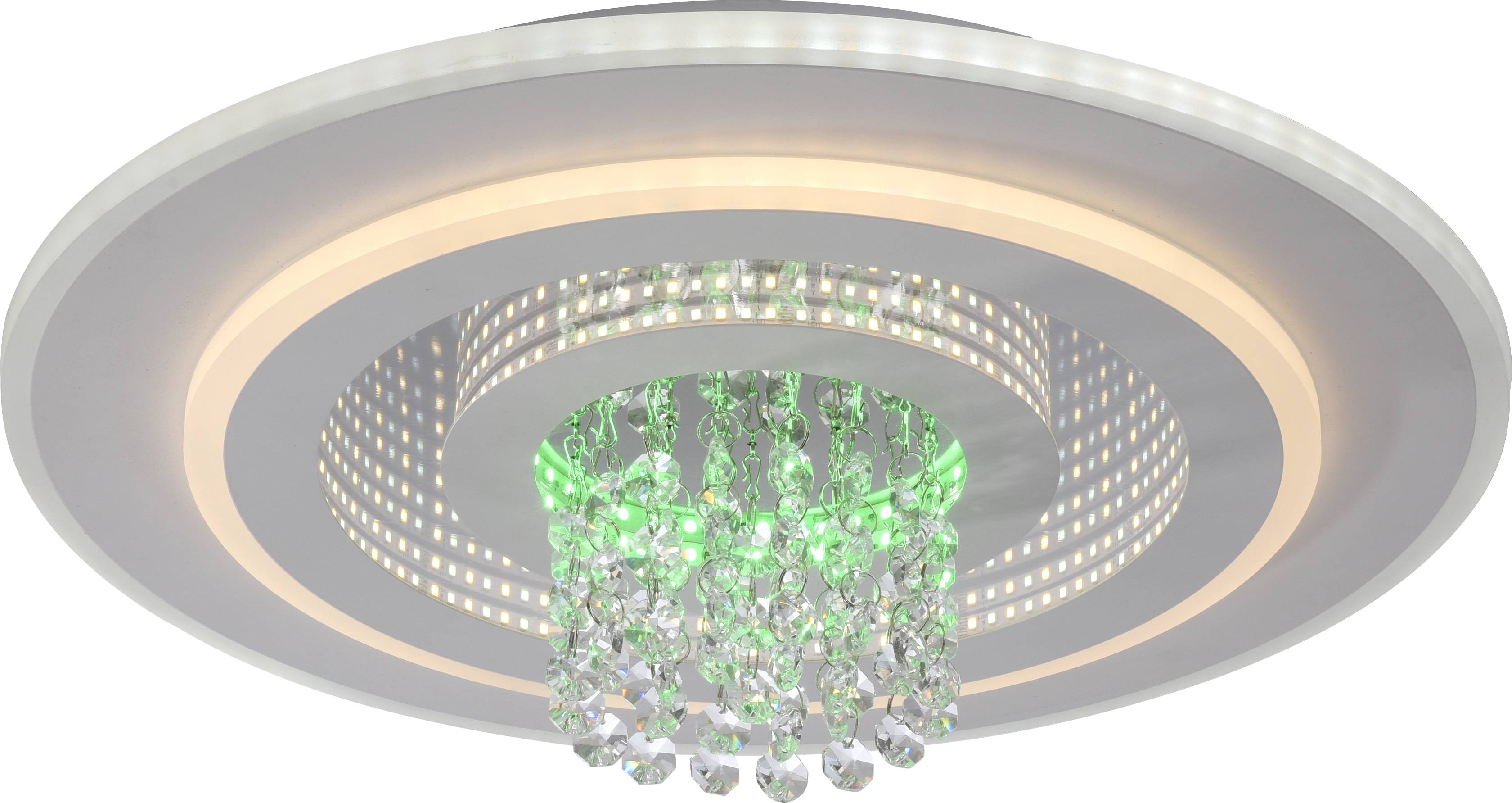 Deckenleuchtfixture mit einer kreisförmigen Gestaltung, die klare Linien aufweist und grüne hängende Kristalle besitzt, schafft eine elegante und moderne Atmosphäre.