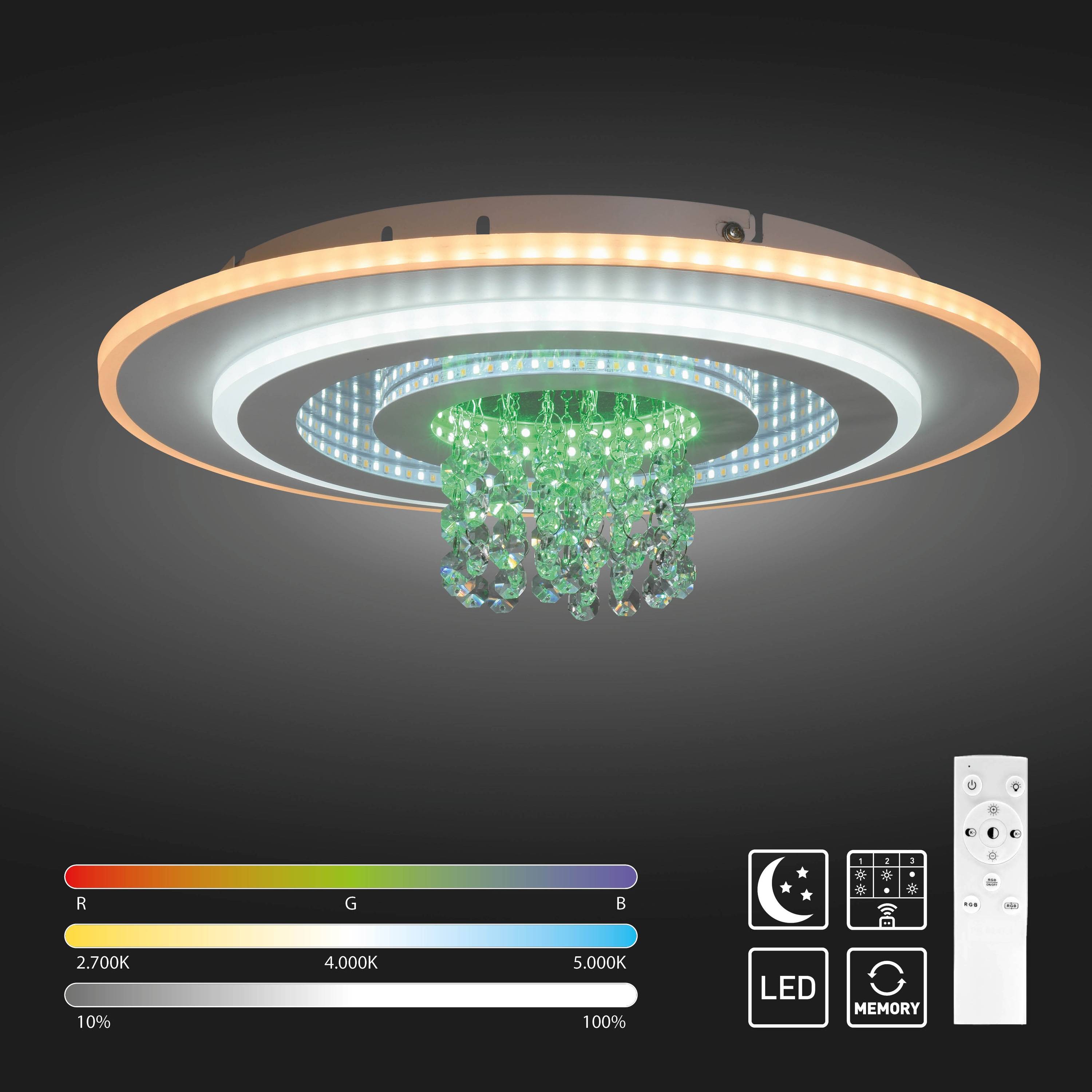 Ein rundes LED-Kronleuchter mit herabhängenden dekorativen Elementen. Er verfügt über eine Fernbedienung zur Anpassung von Farben und Helligkeit.