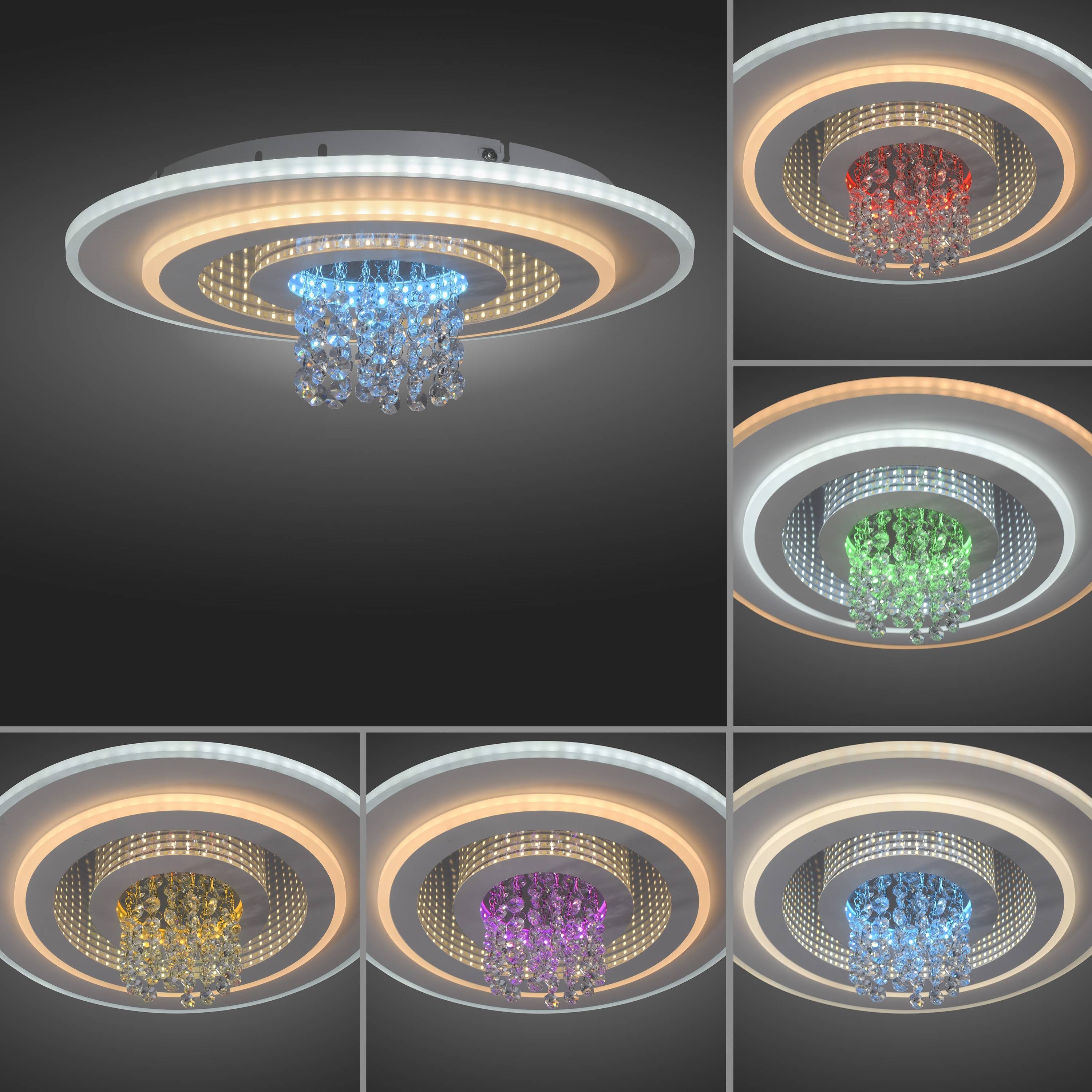 Eine mehrfarbige LED-Deckenleuchte mit Kristallakzenten, dargestellt in sechs Varianten: blau, rot, grün, gelb, violett und gemischten Farben, vor einem dunklen Hintergrund.