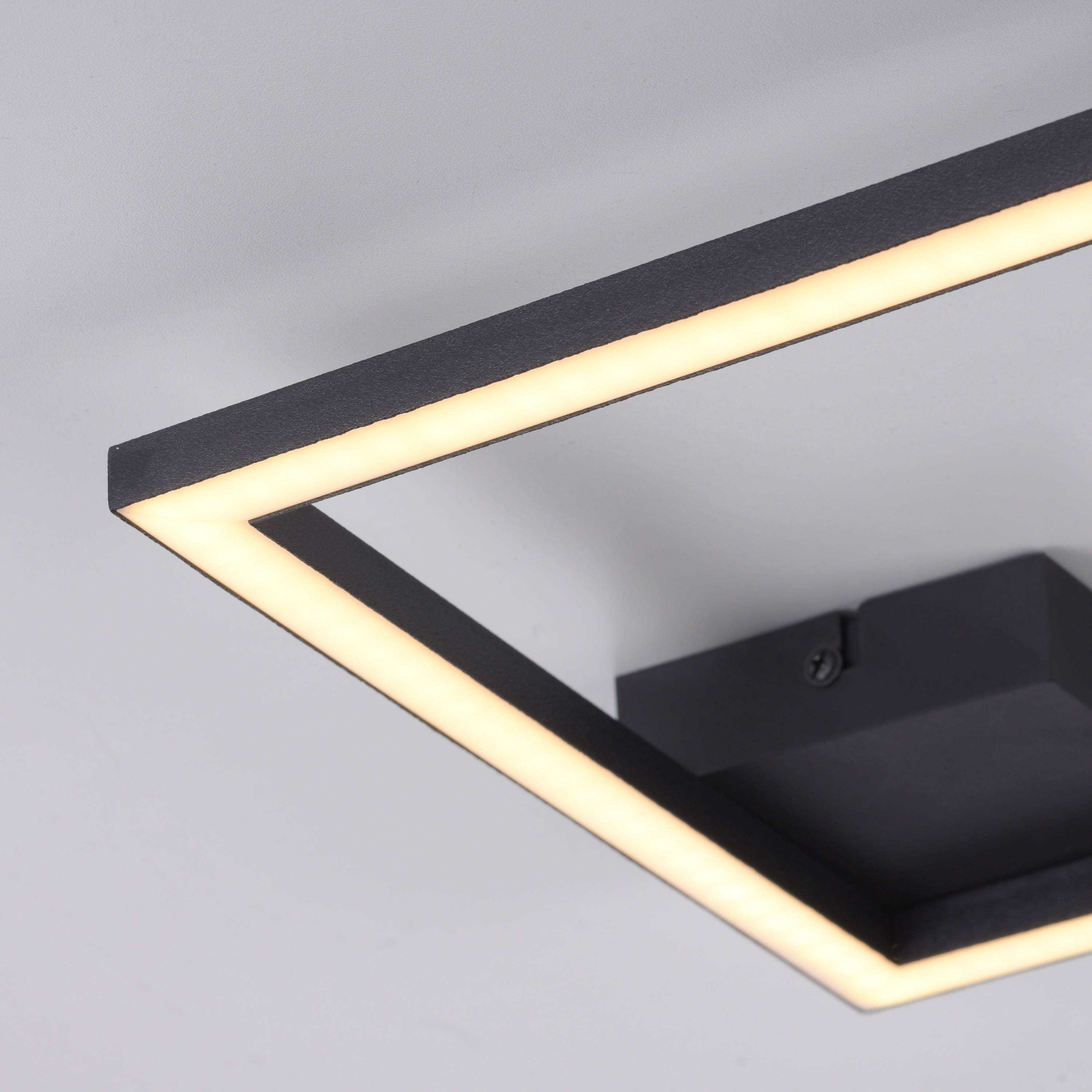 Eine moderne quadratische LED-Deckenleuchte mit einer leuchtenden Kante, an einer weißen Decke montiert, die den Raum mit einem sanften Schein erhellt.