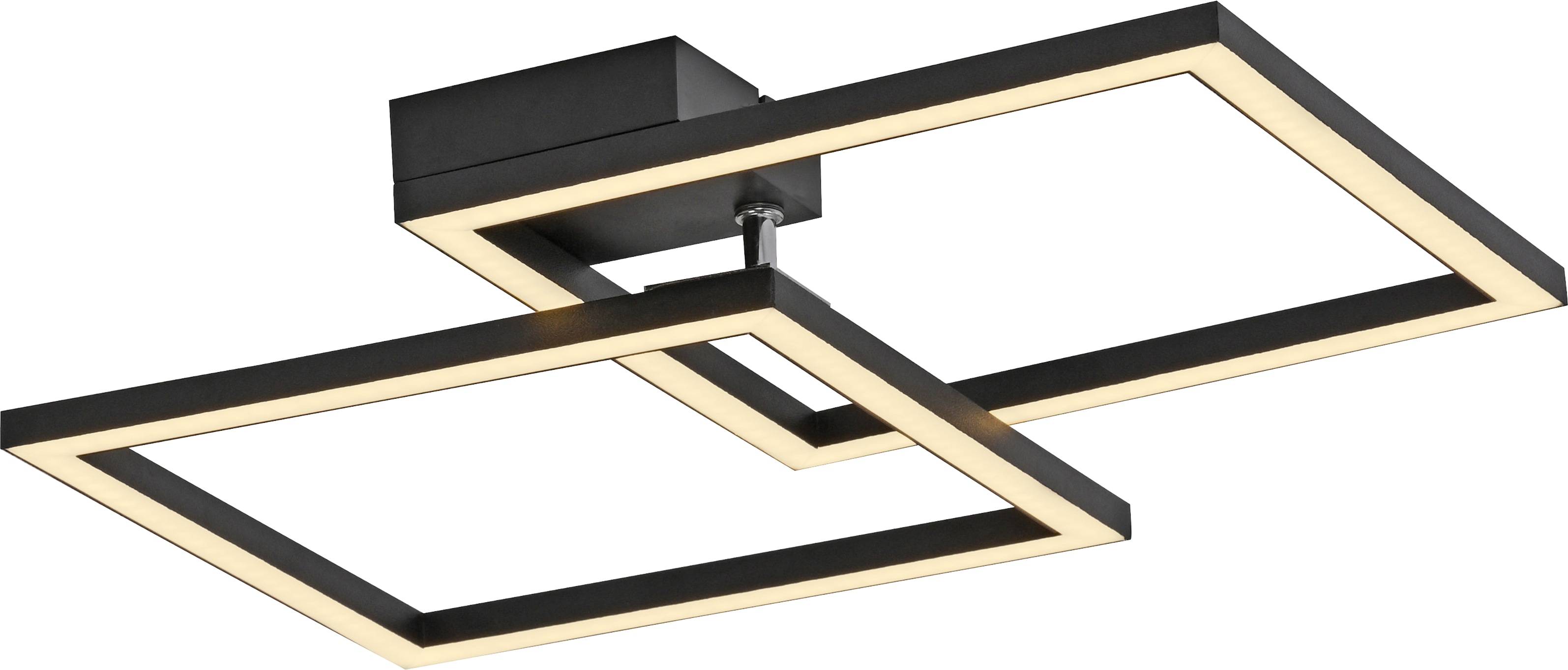 Eine moderne rechteckige Deckenleuchte mit geometrischen schwarzen Rahmen und integrierter LED-Beleuchtung, die auf einer flachen schwarzen Basis montiert ist.